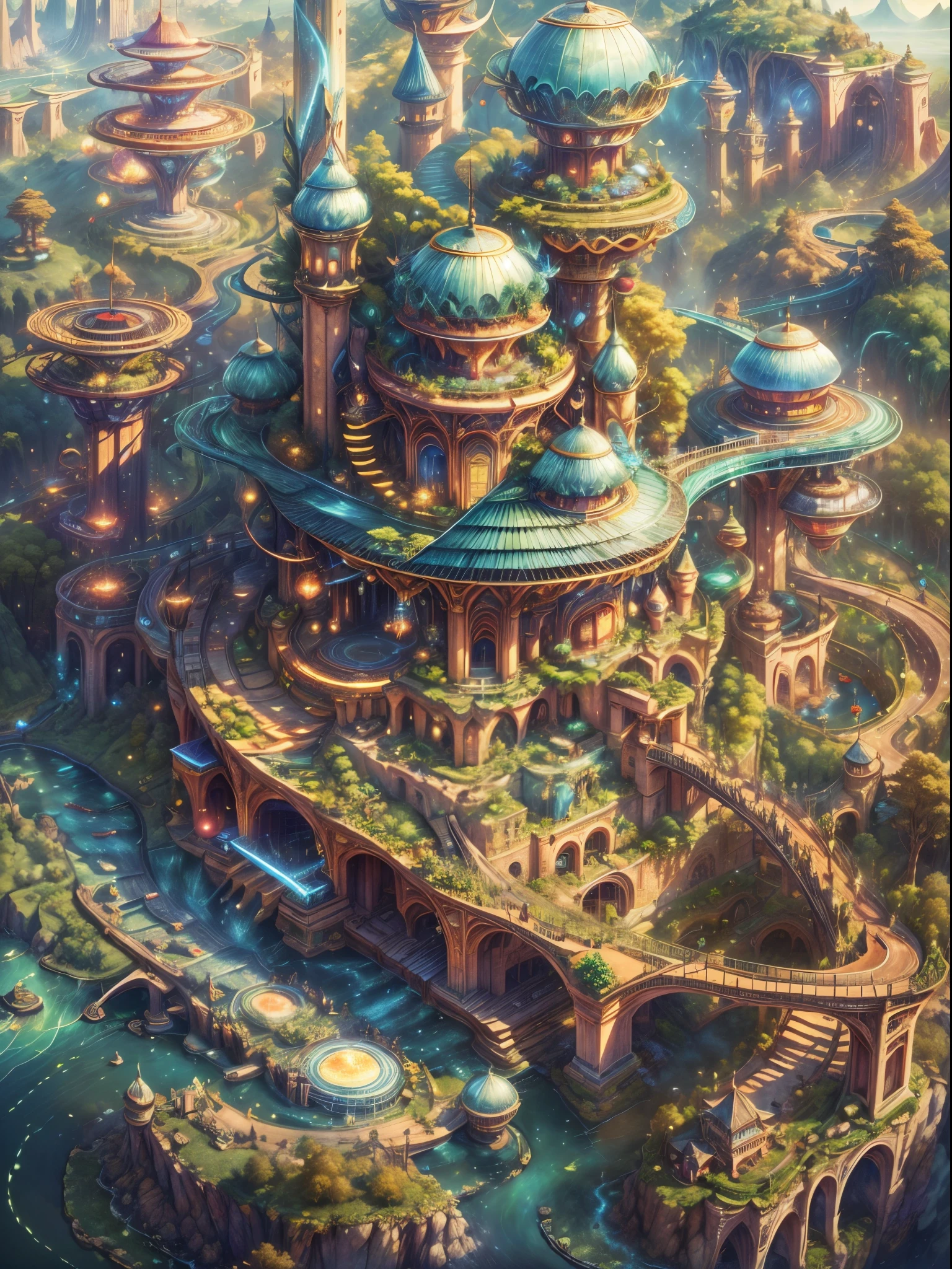 (((A utopian world full of futuristic science fiction and fairy tale elements，Mechanical metal combined with classical mythological elements)))，(In this illustration of a utopian world，describe a fairy tale、An ideal country with science fiction elements。A majestic city in the background，The architectural style combines futuristic and sci-fi elements。Soaring towers and modern glass buildings complement ancient pavilions and temples。The city is surrounded by verdant forests and clear rivers，Show the harmonious coexistence between man and nature。In the center of the city)，(There is a huge secret garden，There are all kinds of wonderful plants and creatures growing inside。Some trees can talk.、Singing birds and various cute animals。In the corner of the garden，There is a huge castle，Its towers soar into the sky)。(science fiction elements：In this utopian world，Technology and nature coexist harmoniously。High-speed maglev trains shuttle through the city，People fly freely in the air in environmentally friendly aircraft.。Cities powered by solar energy、wind energy、Renewable resources such as water energy，Ensure ecological sustainable development)。(culture：In this utopian world，Cultures of various countries coexist harmoniously，people respect each other、learn from each other&#39;traditions and customs。There are various styles of buildings in the city、Sculpture and Artwork，Showcasing the essence of cultures from around the world), (The content is very detailed, Well designed, Clear lines, k hd, Best quality, tmasterpiece, offcial art, movie light effect, 8K)， (Perspectives, first person perspective, Ghibli-style colors, Luminism, 电影灯光, hyper HD, tmasterpiece, Acura, Anatomically correct, ctextured skin, super detailing, high detal, high high quality, Award-Awarded, Best quality, 16k)