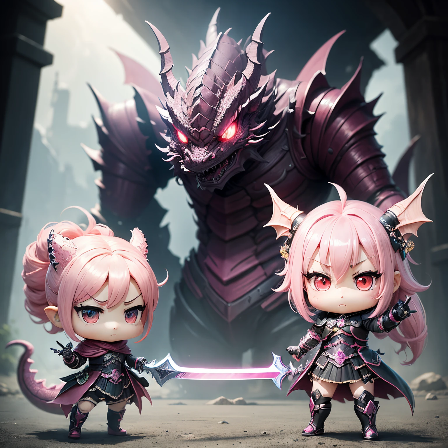 masterpiece、top-quality、ultra-detailliert、(Chibi character real pink dragon:1.2)//(wraith cosplay chibi character:1.2)、Long sword、spark of light、Fighting