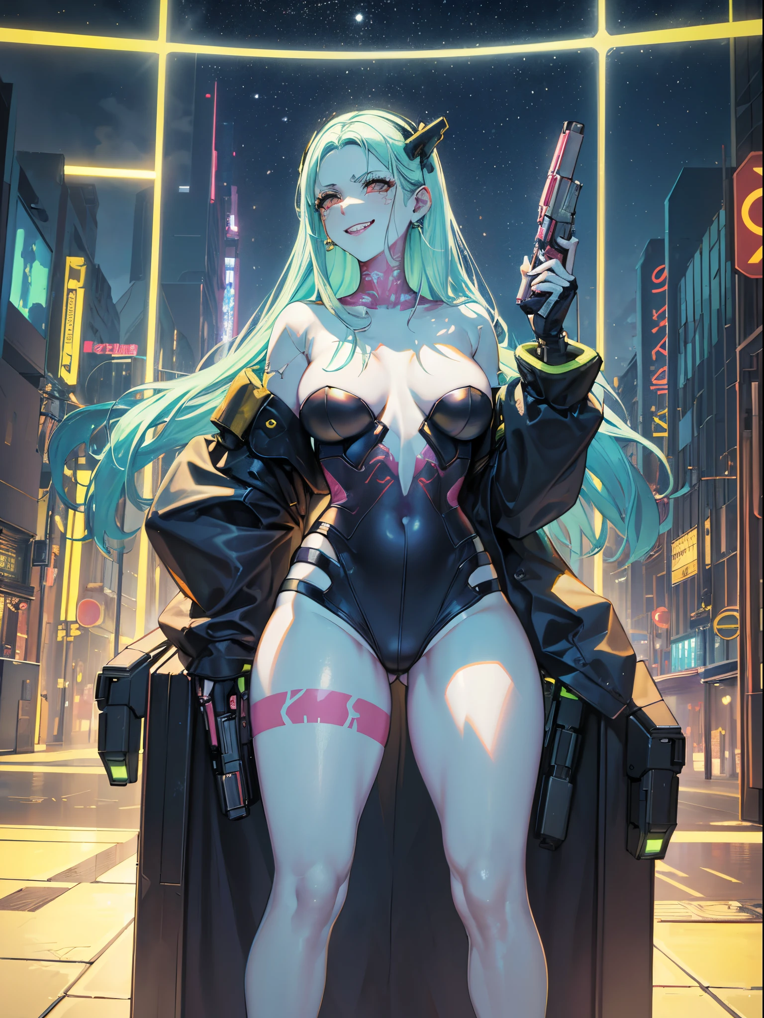 Rebbeca /(Cyberpunk/), long hair, long sideburns, small mouth, sarcastic smile, thick lips, small round breasts, big ass, thick legs and thighs, (((holding a pistol up))), {wallpaper of extremely detailed 16k CG unit}, expansive landscape photography, (a low view with focus on the character and the setting), (wide open field view), (low angle shot), (high light: 1.4), (low light: 1.4), (warm light source: 1.4), complex details, (iridescent colors: 1.2), (bright lighting), (atmospheric lighting), dreamy, unique,