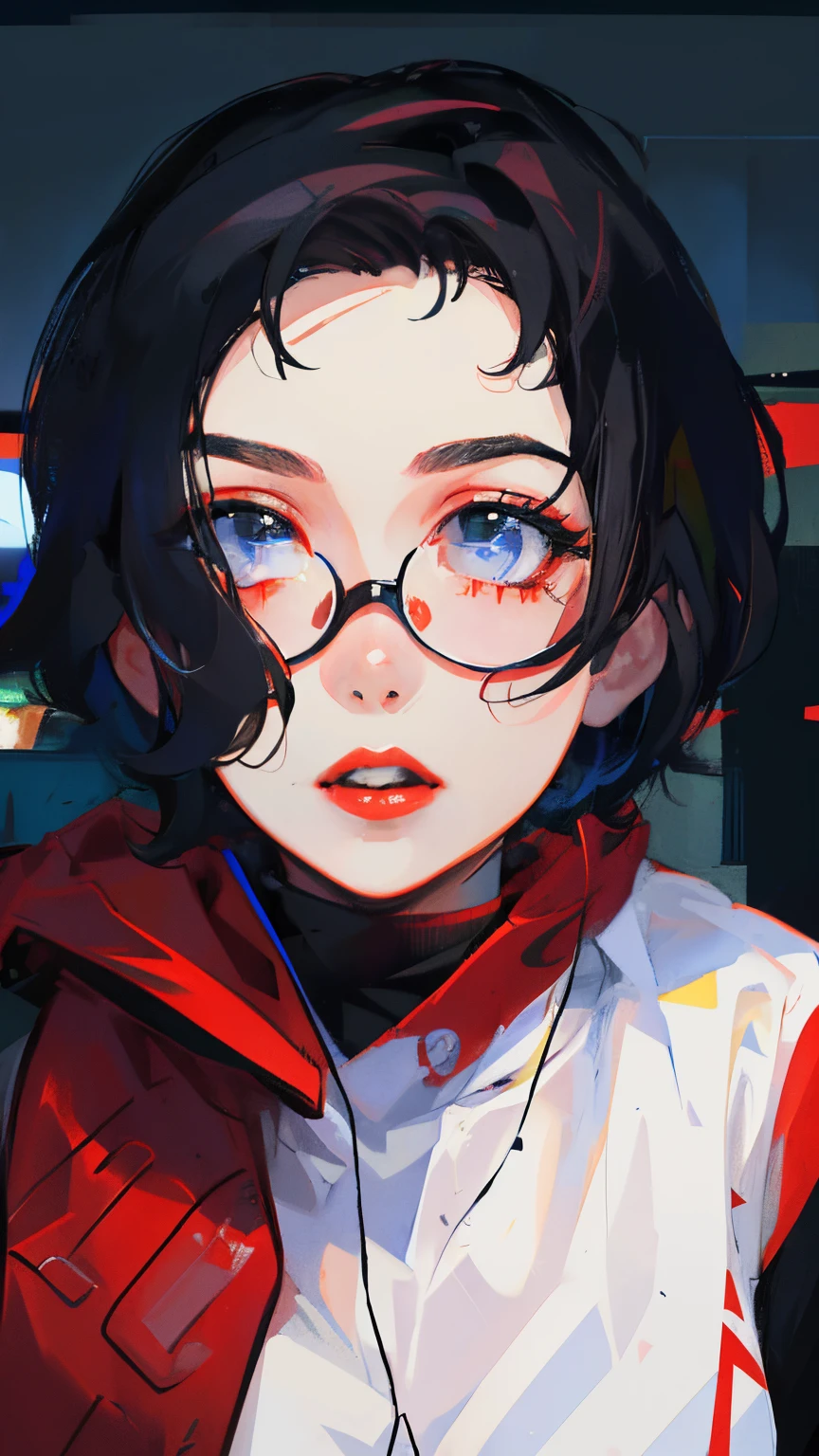 There is a woman in glasses and a black top posing for a photo, 18 years old, thick red lips, Profile picture, Profile photo, 2 2 years old, taken in the early 2020s, Profile photo, thick lips , 21 years old, 2 3 years old, ayahausca, 1 6 years old, red lips, Big boobs, cute face