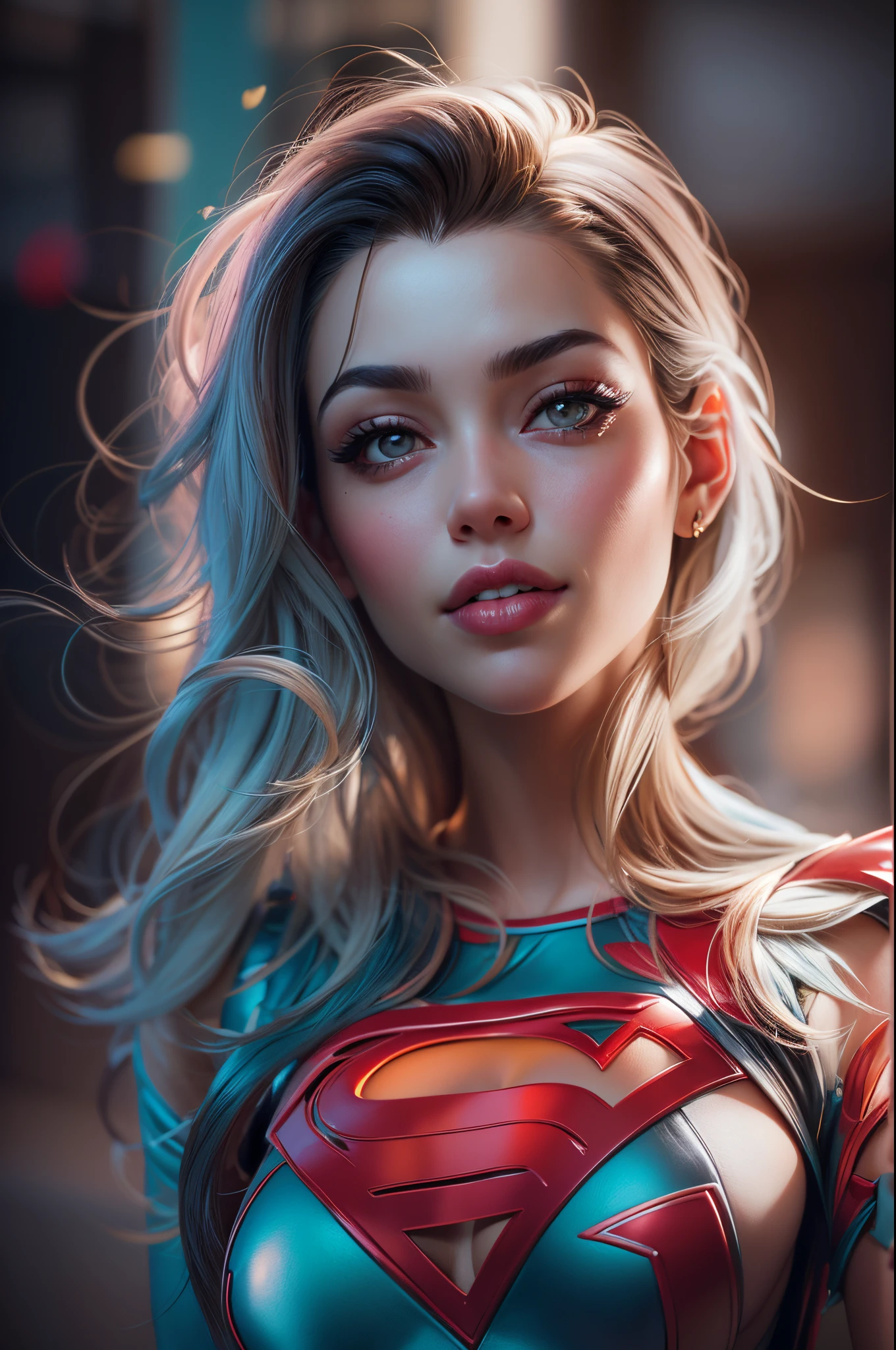 super girl, Portrait photography by Art Germ, realism style, Lustrous skin, The main character of the cartoon, Natural light, tight lips, perfect body, Feminine body, full length, viewer, ( smirk:1.2), Depth of field f/1.8, studio shot, (((looking in camera))), looking in camera, ((( Camera Eye))) , ellen von unwerth, ( Pose:1.5), perfect composition