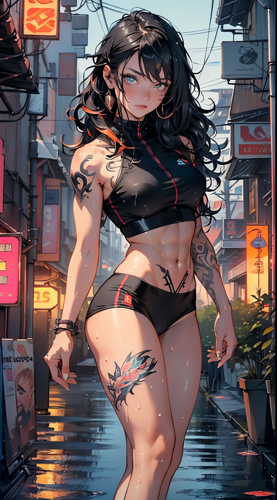 girl sporty,((attractive and muscular girl)),(tomboy),
(large breasts:1.4),saggy breasts,(((black hair:1.35,curly hair, disheveled hair:1.3,very long hair:1.4,colored inner hair,ear breathing))),((heterochromia:1.5, (orange_eye and red_eye))),intricate eyes,beautiful detailed eyes,symmetrical eyes,(((lustrous skin:1.5,bright skin: 1.5,skin tanned,shiny skin,very shiny skin,shiny body,plastic glitter skin,exaggerated shiny skin,illuminated skin, wet legs))),(spider lower abdomen,narrow waist,wide hip,athletic body,inflated legs,detailed body),(((muscle legs,muscular thighs,muscular girl,strong and muscular,bodybuilder,strong body,muscular,feminine and muscular,ABS))),(detailed face),(((tattoos:1.5))),
cute,slutty,seductive,erotic,(((nsfw))),
zettai ryouiki,((tight sports bra, tight sports panties, ((orange and black clothes)))),((wet clothes,intricate outfit,intricate clothes)),
(dynamic pose:1.0),annoyed,(centered,scale to fit dimensions,Rule of thirds),
cyberpunk city by the ocean at night, with bright neon signs and dark stormy clouds and puddles, scenery:1.25,nighttime, starry night, cosmos,Very dark night that makes the neon lights stand out, very bright neon lights,
artistic photography,(photography taken by sldr),highres, sharp focus,(ultra detailed, extremely detailed), (photorealistic artwork:1.37),(extremely detailed CG unity 8k wallpaper),((synthwave background theme)),(((vibrant colors))),intricate,(intricate background),(masterpiece),(best quality),perfect rendered face,perfect face details,realistic face,photo realistic,analog style,((intricate detail)),(((realism))),