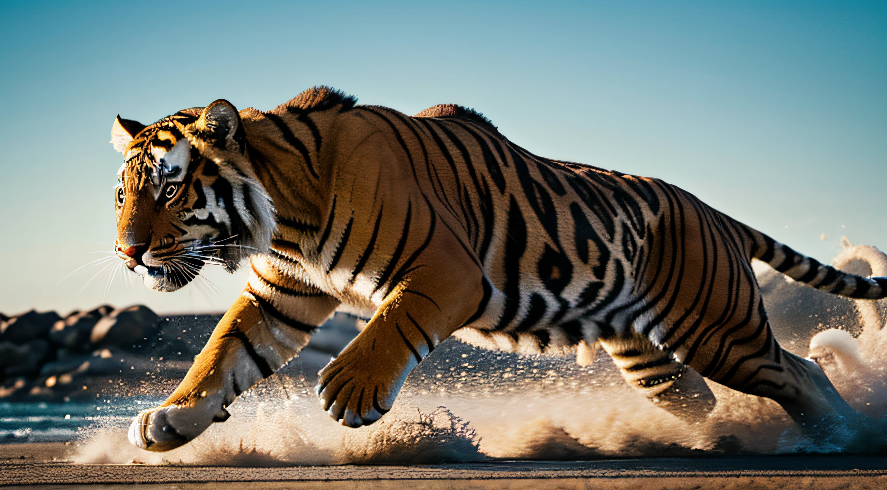 Um Tigre pulando de forma feroz . Fundo branco. action movement, Boca aberta, Ultrarealista, Muito detalhado, 8k resolution, high resolution, cinematic ligths.