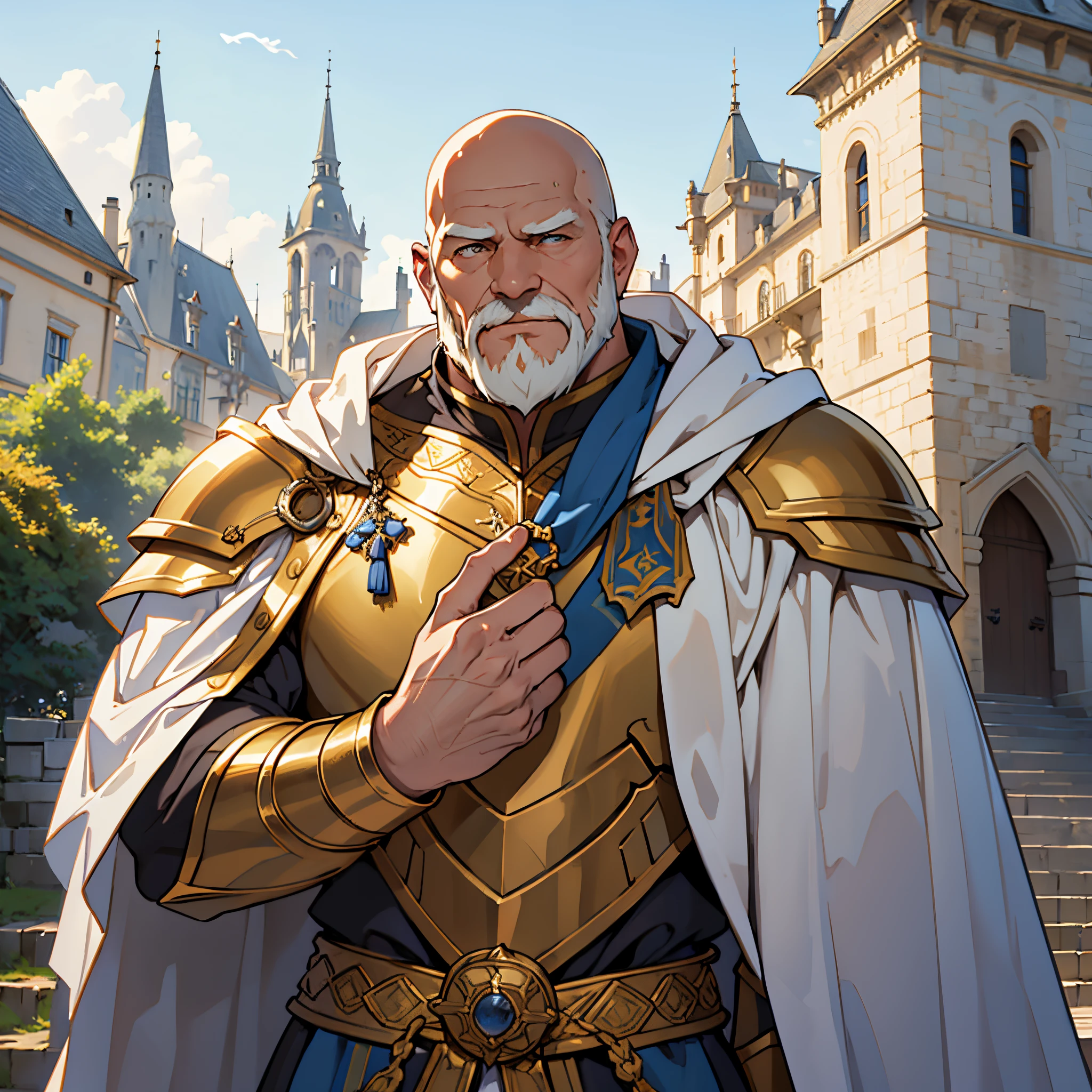 ​masterpiece, Best Quality, 4k, Very detailed, Close-up of a person&#39;Upper body body, Background with:In front of the stairs of a medieval castle built on a lake, Golden knight wearing golden armor and white cloak, very tall middle aged bald man,