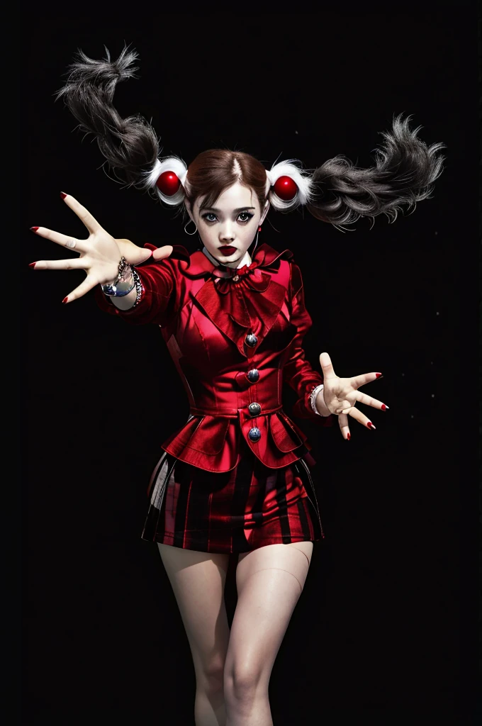 a closeup of a woman in a red dress and a bird on her head, crimson attire, Harley Quinn, Harley Quinn de pie, Chris Bachalo, uniforme rojo, traje rojo, Hermosa Maga Stella Maeve, Retrato de Harley Quinn, Emma Watson es Harley Quinn, por Brian Bolland, de Harley Quinn, Maga, Joe GB Fenton, por Mike Deodato