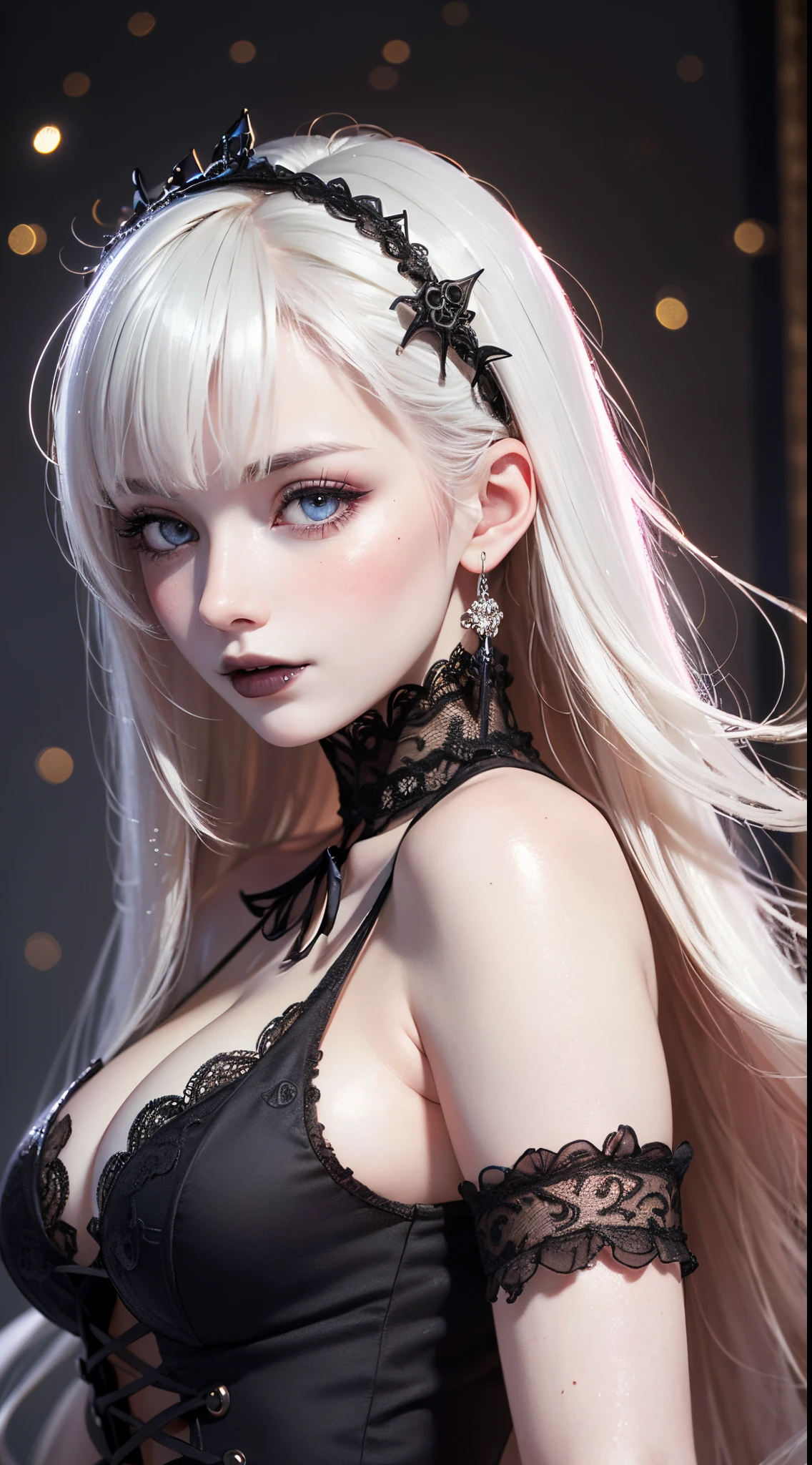 (UHD, retina, masterpiece, ccurate, anatomically correct, textured skin, super detail, high details, high quality, best quality, highres, 1080P, HD, 4K, 8k, 16k), (beautiful detailed eyes, beautiful detailed lips, extremely detailed eyes and face), studio lighting, physically-based rendering, vivid colors, (big tits, super big tits, super extra big tits, glamorous body), (gothic dress), (portrait, shiny hair, shiny skin), (western-style room, bokeh), (tilt your head to the side:1.5), eye reflection, (blush:1.5), (gothic art, pale skin:1.5),