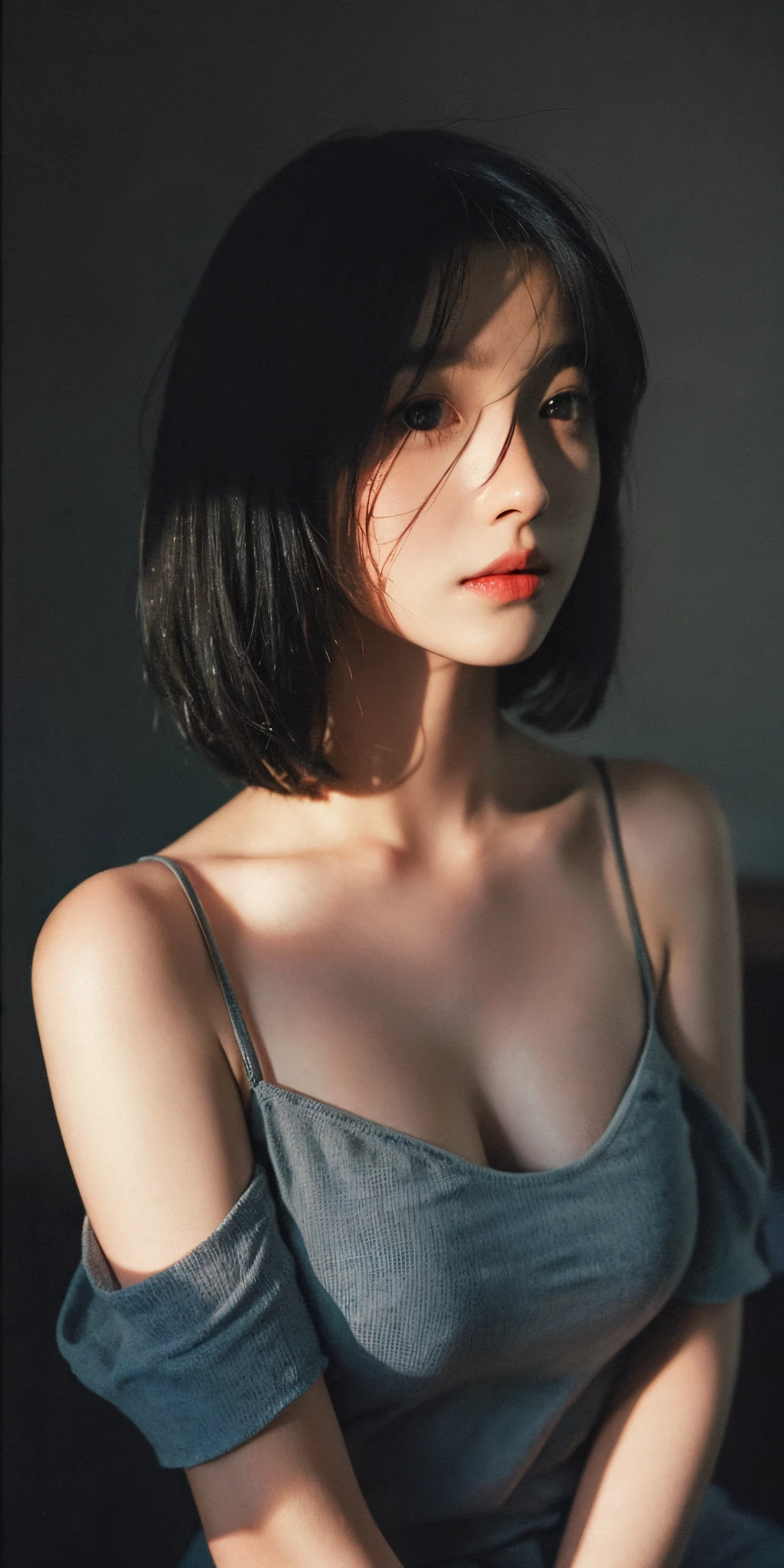 Best quality, masterpiece, ultra high res, (photorealistic:1.5), raw photo, 1girl, offshoulder, in the dark, deep shadow, low key, cold light, sexy look, short hair, bob cut hairstyle