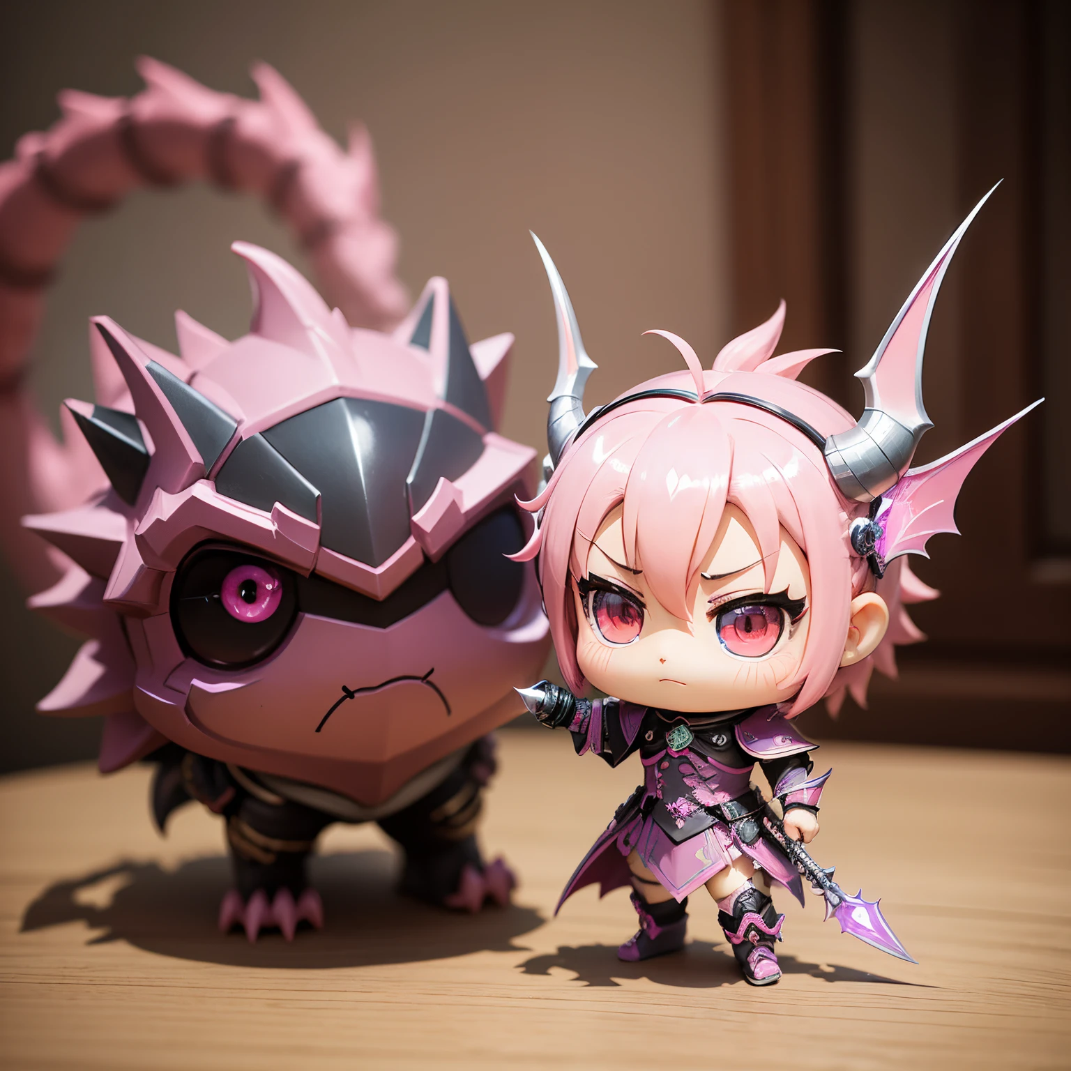 masterpiece、top-quality、ultra-detailliert、(Chibi character real pink dragon:1.2)//(wraith cosplay chibi character:1.2)、Long sword、spark of light、Fighting
