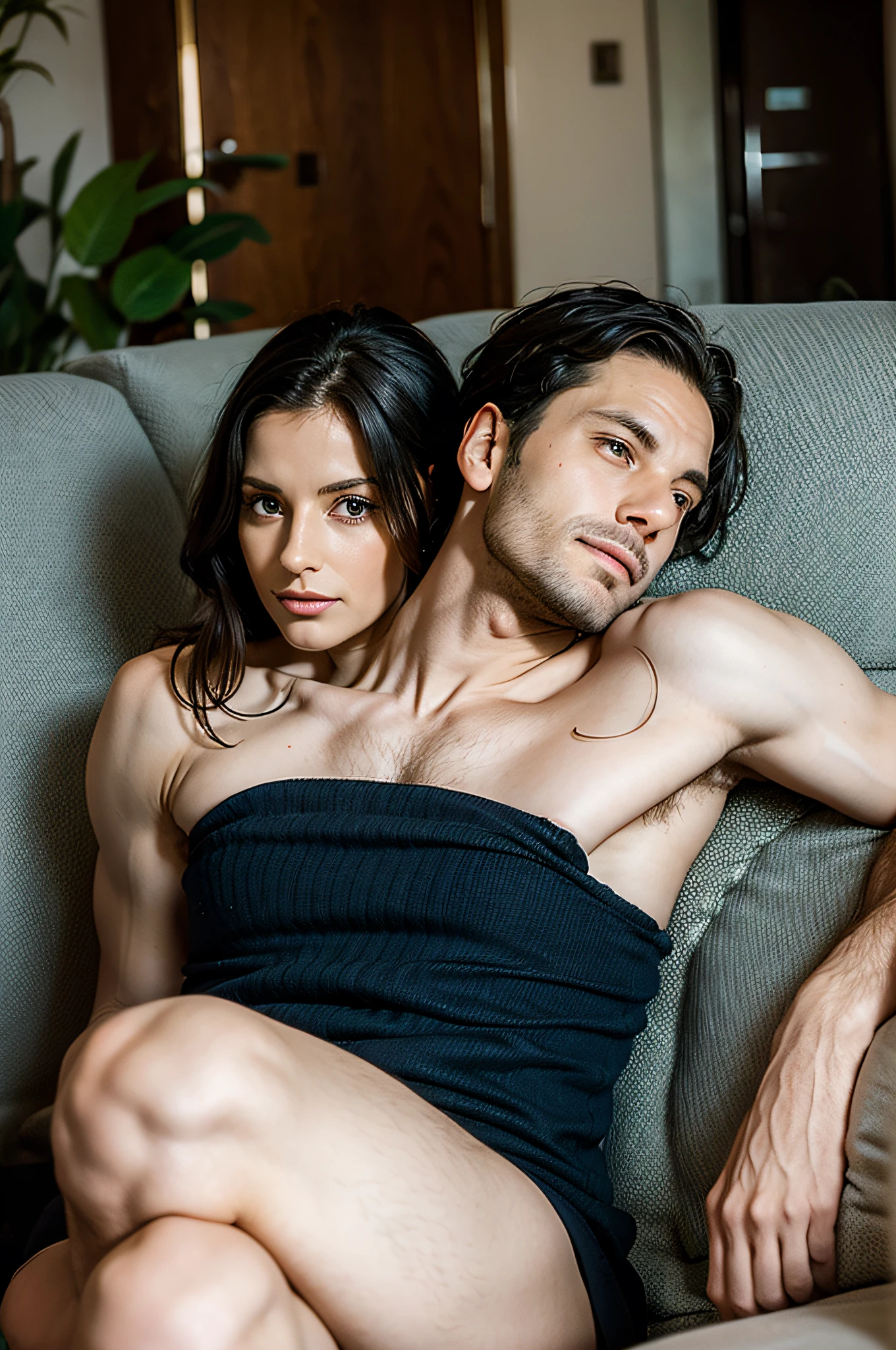 2heads,1man, male female couple, age 32, on couch, Irish, relaxing,