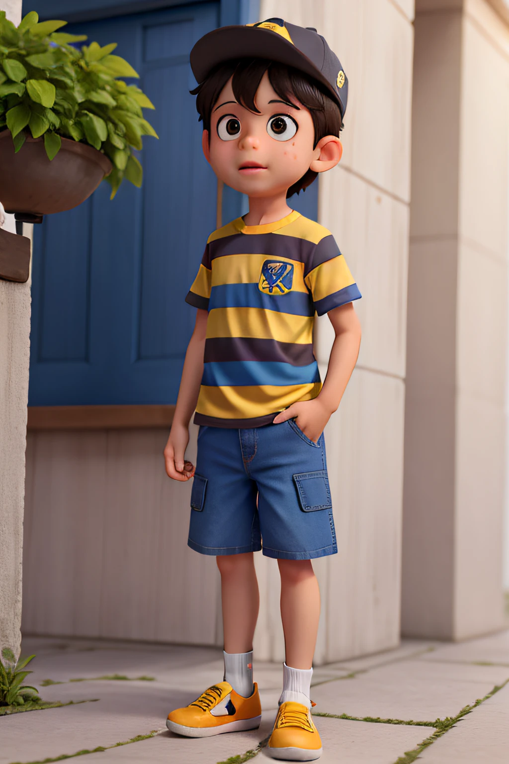 a white skinned boy, cabello negro, brown eyes, 7 years old, He was wearing a yellow and black striped shirt., gorra roja, blue shorts and yellow shoes and a dark-skinned boy about seven years old, con lentes azules, gordito con rizado. dark-hair, vestidos con una camisa a cuadros azul y una gorra azul, pantalones cortos azules y zapatillas amarillas, los dos chicos  entrarondo a una misteriosa islaoscura  secreta-punto de vista de la camara desde atras .