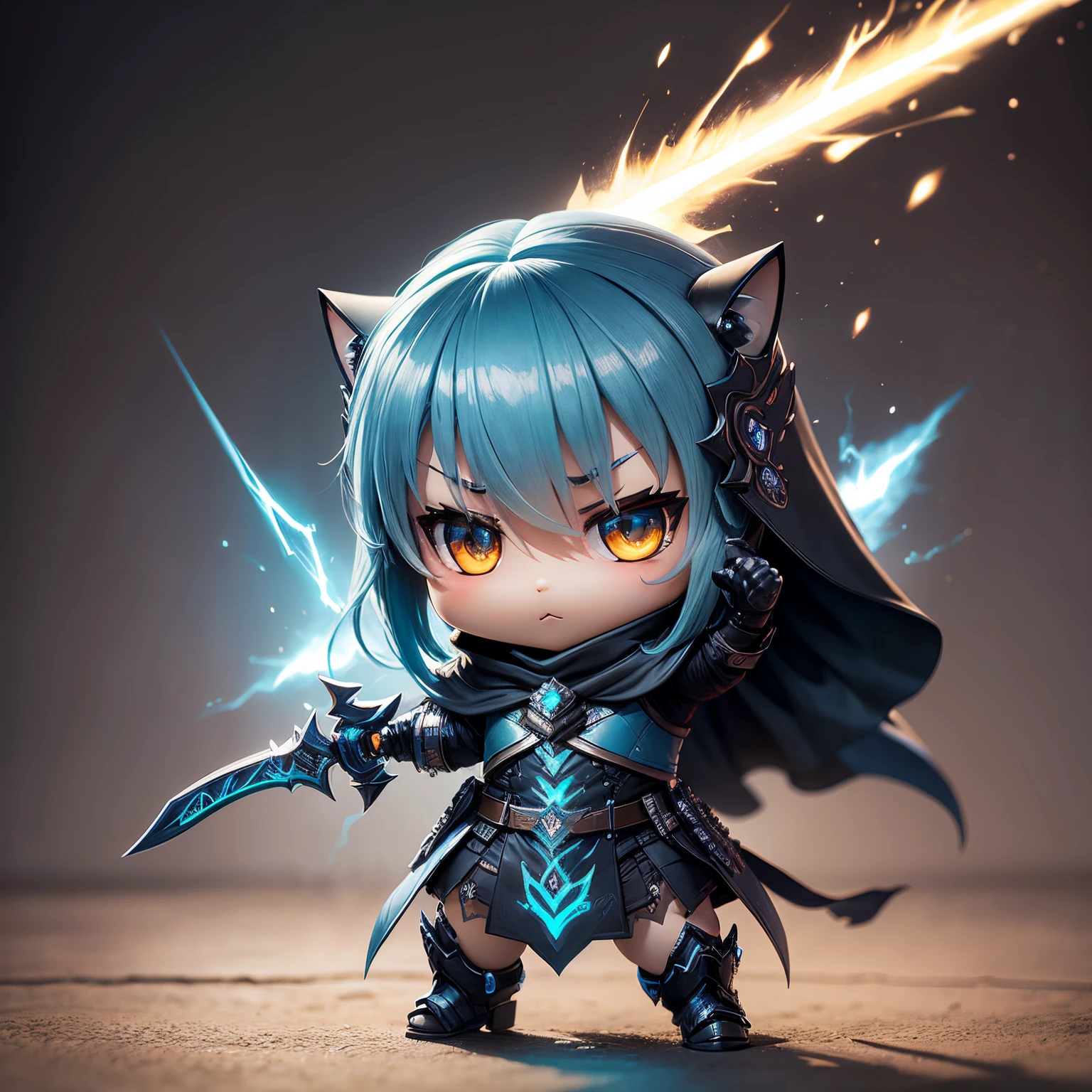 ​masterpiece、top-quality、ultra-detailliert、(wraith cosplay chibi character:1.2)、Long sword、spark of light、Furious