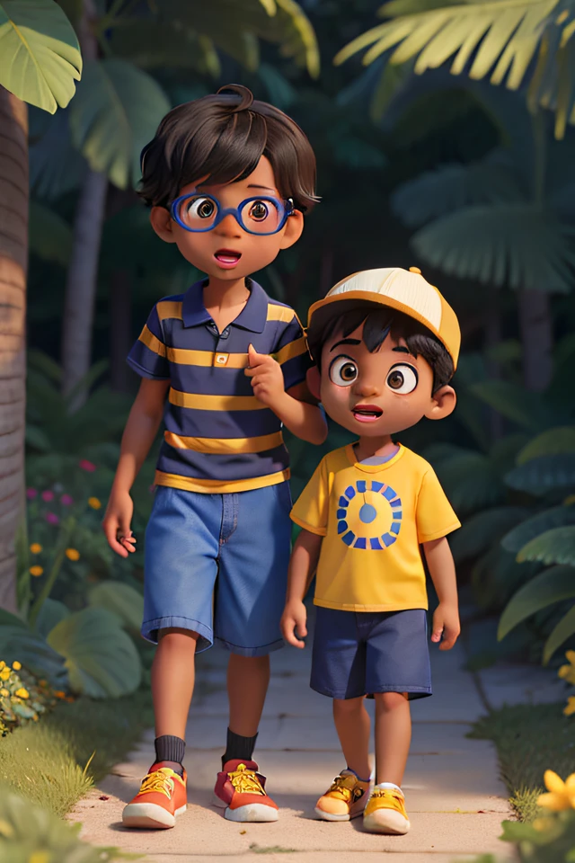 un chico de piel blanca, cabello negro, brown eyes, 7 years old, vistiendo una camisa a rayas amarillas y negras, Gorra roja, blue shorts and yellow shoes and a dark skinned boy about seven years old, con gafas azules, chubby girl with curly brown hair wearing a blue plaid shirt and a blue cap, pantalones cortos azules y zapatillas amarillas, Los dos entraron en una oscura y misteriosa isla secreta en la noche.