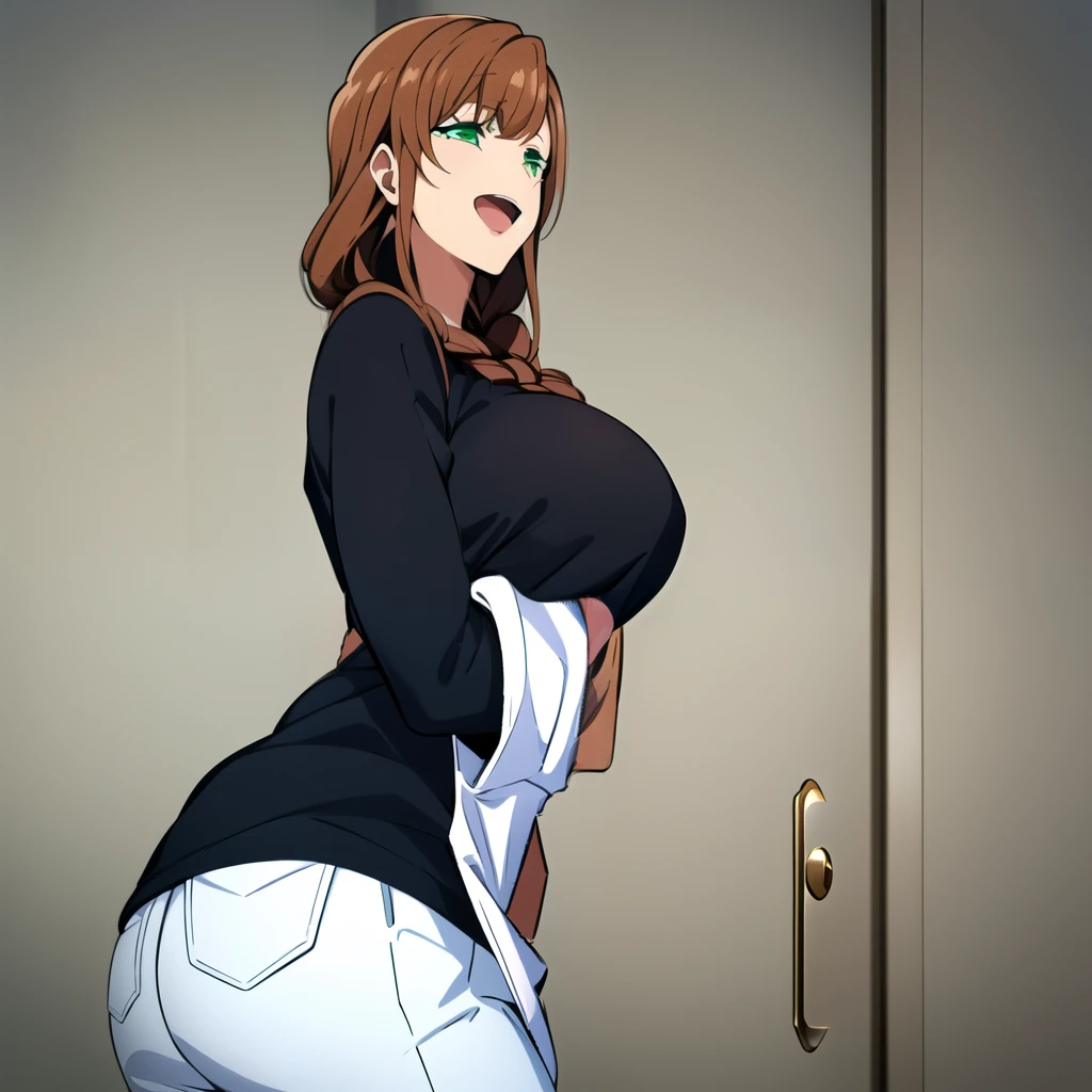 hd masterpiece, best quality, 1girl, solo, long hair, (((black shirt)), opened mouth, brown hair, braid , ears, :d, DETAILED GREEN eyes, iris, opened mouth, braid, ((door)), apron on hand, white pants