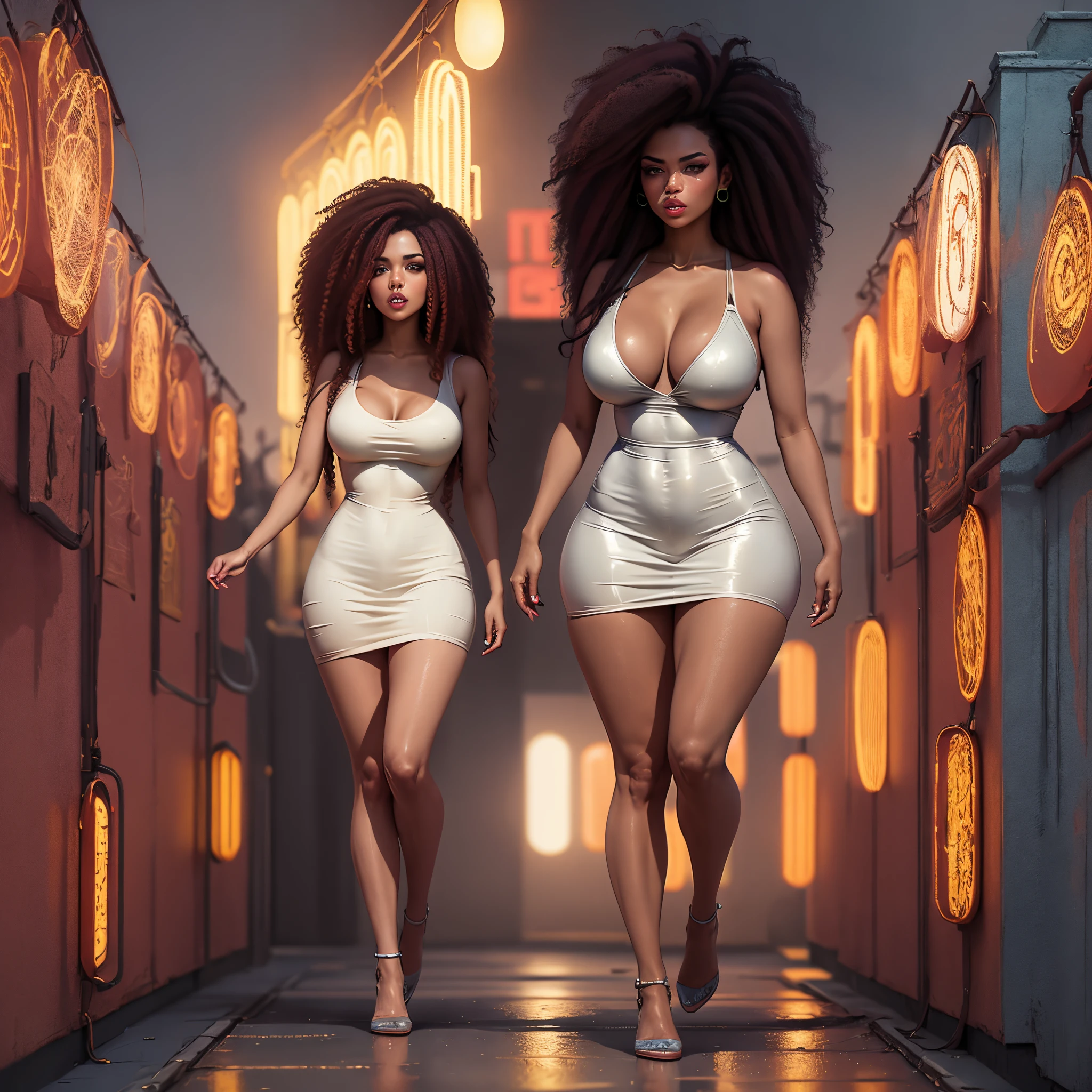 (highres:1.2),ultra-detailed,blinking neon lights,sexy woman,red-lit avenue,big breasts,athletic body,captivating figure,sensual walk,seductive gaze,long legs,slinky dress,trendy fashion,confidence,glowing skin,curly Afro hair,amazing curves,provocative aura,vibrant nightlife,bustling city,amorous atmosphere,energetic ambiance,colored smoke,alluring presence,loud music,night creatures,enchanting vibe,exciting adventure,luzes amarelas e azuis cabelo Afro