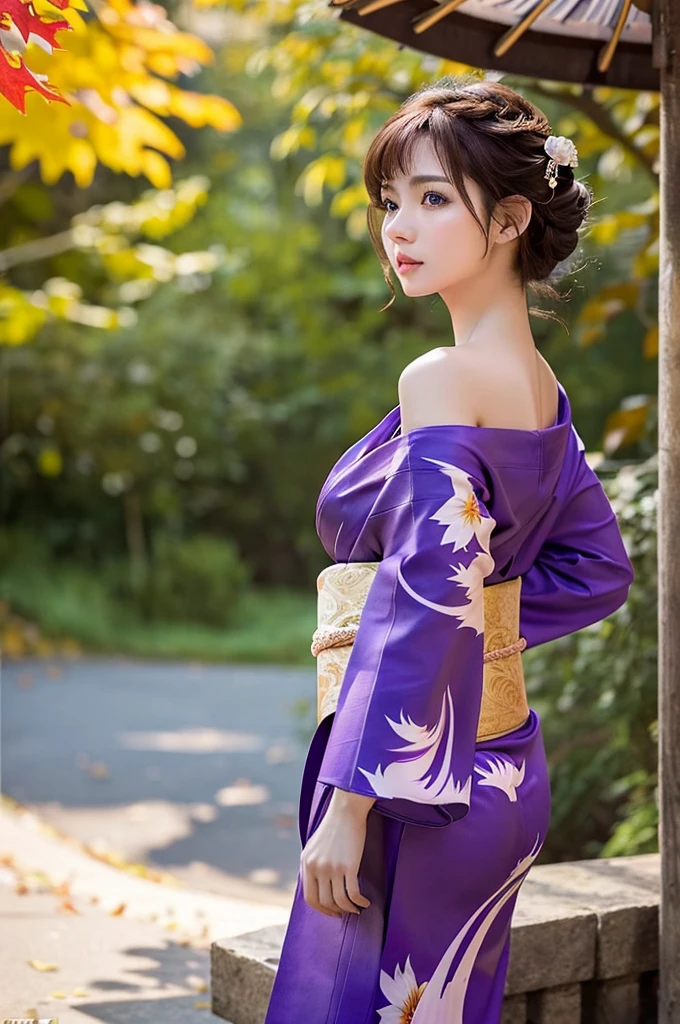 (masutepiece:1.3, Photorealsitic:1.4, 8K), top-quality, masterpiece, 超A high resolution, Professional camera work, Grow Light Effect, Realistic portrait, Cinematic Light, Highly detailed skin and facial texture:1.3, Perfect dynamic composition, The ultra-detailliert, A detailed eye, Detailed limbs, autumnal, Autumn leaves landscape in the evening:1.25, 1girl in, Cute sexy 21 year old slim woman, Fair skin, Autumn leaves are dancing:1.25, (Backshots, Calm pose), (Enraptured look:0.9, Totally captivates you:1.0), (Purple kimono with only shoulders and shoulder blades exposed:1.31), (voluptuous breasts:0.9), (Beautiful blue eyes, Eyes that feel beautiful eros:0.85), Sexy face:0.4, (A mouthfeel that feels beautiful eros:0.85), ((Too cute beauty:0.9))