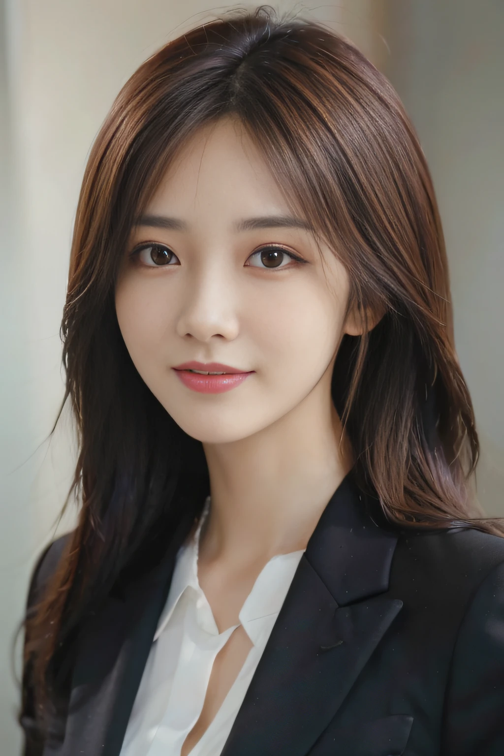 masutepiece, Best Quality, Photorealistic, Ultra-detailed, finely detail, High resolution, 8K Wallpaper, 1 beautiful woman,, light brown messy hair, in a business suit, foco nítido, Perfect dynamic composition, Beautiful detailed eyes, detailed hairs, Detailed realistic skin texture, Smiling, Close-up portrait, Model body type