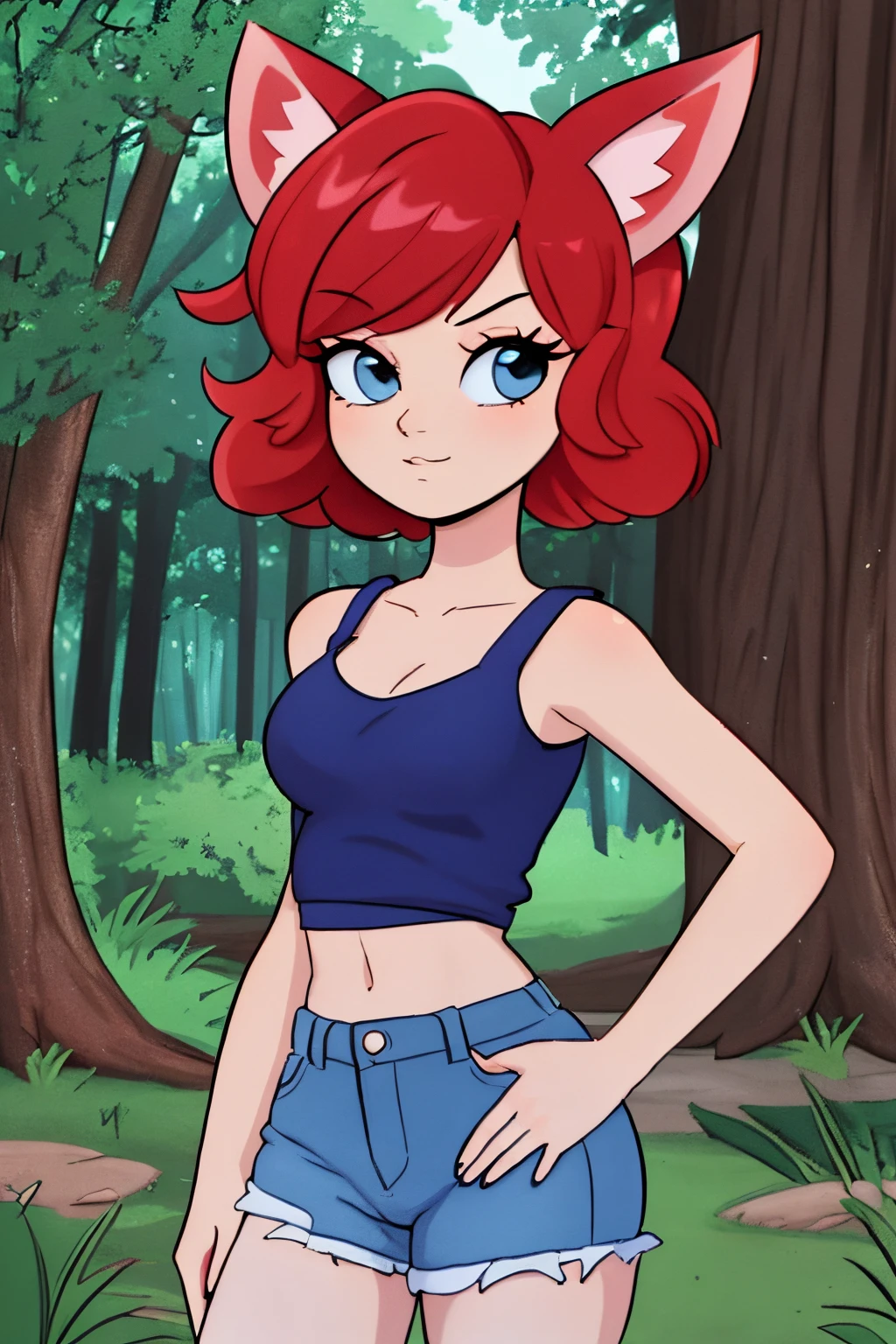 close up 1girl in, teenager, Solo, (pixy cut red hair, short short red hair: 1.28), ((light gray eyes)),  some small freckles, (dark red fox ears:1.25), pale skin, medium breasts, cleavage, runners body, (thin hips, thin waist: 1.25), (arched back:1.12), detailed skin, mischievous face, pouting, revealing clothes, (wearing cropped tank top, blue jean shorts ripped: 1.1), looking at viewer, (groping chest: 1.34), (standing: 1.22), (detailed magical forest background:1.1), creek, overlooking opening in forest, relaxing, 4k textures, soft light, elegant, highly detailed, sharp focus, soothing tones, insane details, intricate details, hyperdetailed, low contrast, exposure blend, hdr, faded