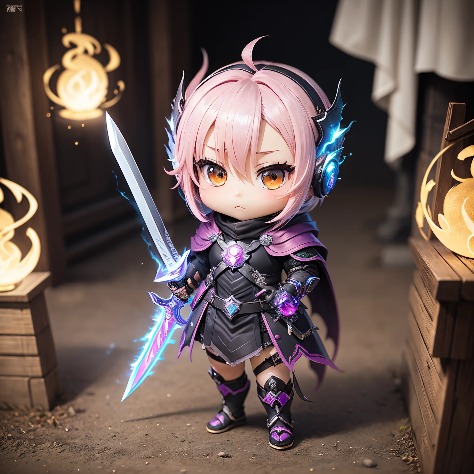 masterpiece、top-quality、ultra-detailliert、(wraith cosplay chibi character:1.2)、Long sword、spark of light、run、Pink Dragon