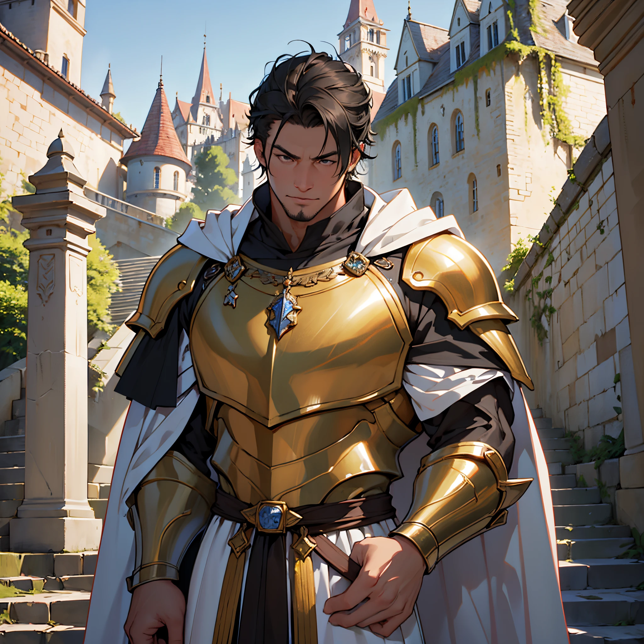 masterpiece, Best Quality, 4k, Very detailed, Close-up of a person'Upper body body, Background with:In front of the stairs of a medieval castle built on a lake, A very large knight wearing golden armor and a white cloak.., very short black male hair, Tough impression