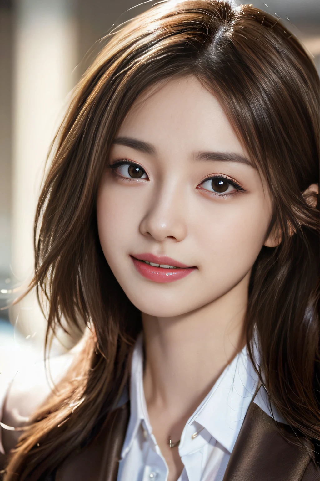 masutepiece, Best Quality, Photorealistic, Ultra-detailed, finely detail, High resolution, 8K Wallpaper, 1 beautiful woman,, light brown messy hair, in a business suit, foco nítido, Perfect dynamic composition, Beautiful detailed eyes, detailed hairs, Detailed realistic skin texture, Smiling, Close-up portrait, Model body type