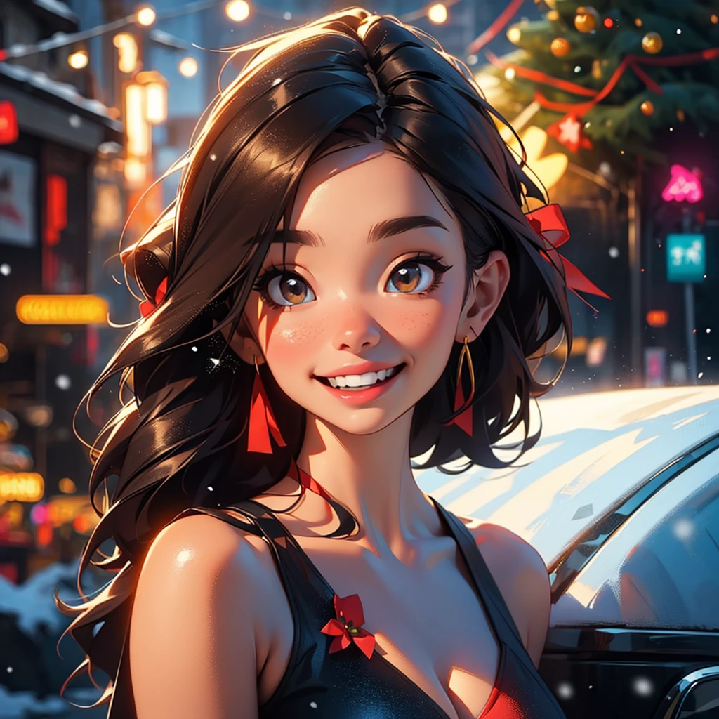 Christmas red bikini (breast), sexy body and pose, cute red ribbon bow on hair, snow background, Christmas trees background, amazing Christmas lights, big smile, Christmas gifts, 8k cinematic, volumetric lighting, light sparkles particles, golden hour