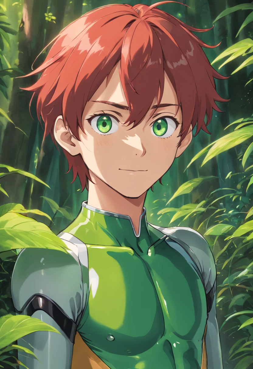 ((masterpiece)), ((best quality)), ((highres)), young man, tall, thin, red hair, slicked back hair, smirking, liquid metal body suit, green eyes, full body