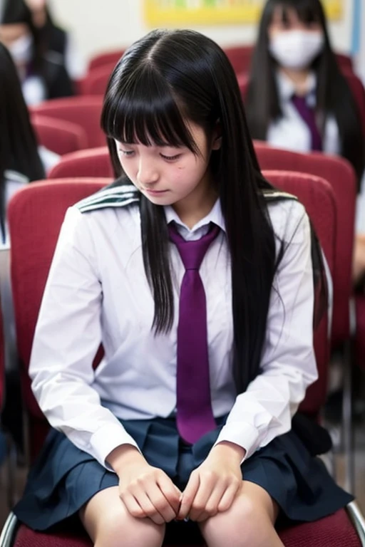 A -yeld hischool girl with long black hair and wearing a school uniform sits while crying.