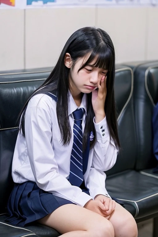 A -yeld hischool girl with long black hair and wearing a school uniform sits while crying.