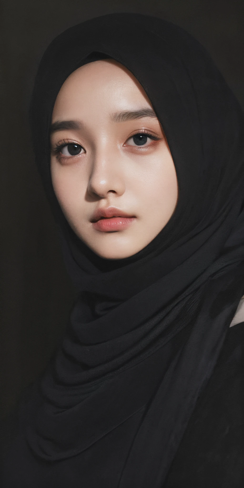 Best quality, masterpiece, ultra high res, (photorealistic:1.5), raw photo, 1girl, offshoulder, in the dark, deep shadow, low key, cold light, sexy look, (hijab), full hijab