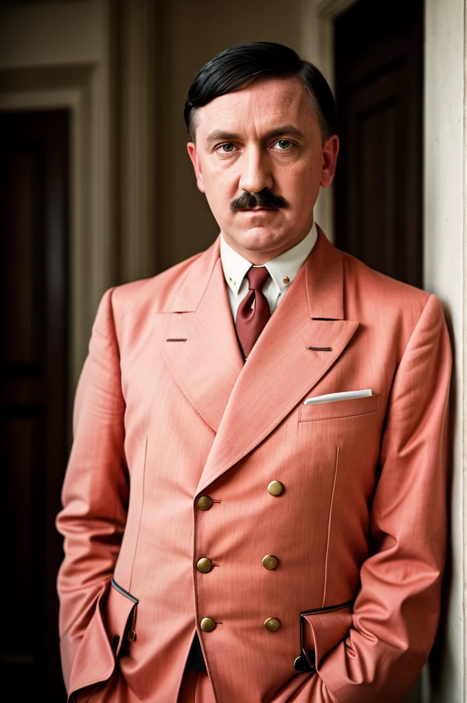photography photo portrait of Adolf Hitler in his famous iconic pose, dressed like a dandy, pink and orange clothes, coloured hair, photorealistic style, very detailed, 4k, 35mm in the style of Wes Anderson