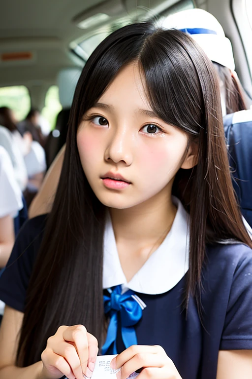 A 16-year-old high school girl with long black hair and wearing a school uniform sits while crying.