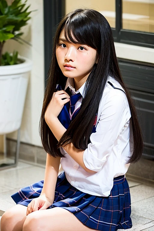 A 16-year-old high school girl with long black hair and wearing a school uniform sits while crying.