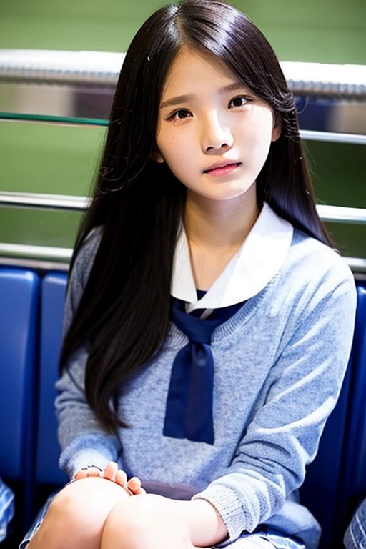 A 16-year-old high school girl with long black hair and wearing a school uniform sits while crying.