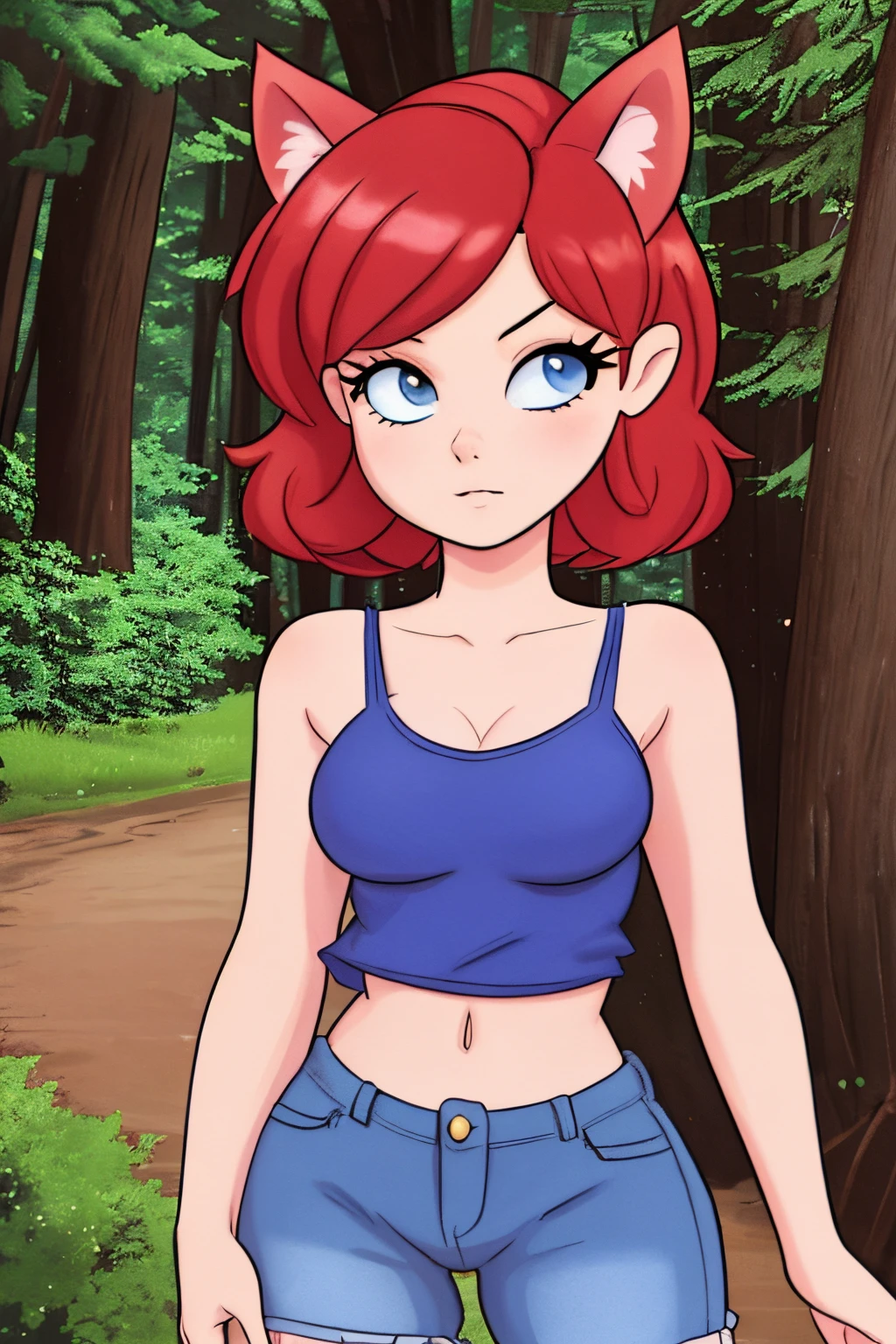 close up 1girl in, ager, Solo, (pixy cut red hair, short short red hair: 1.28), ((light gray eyes)), some small freckles, (dark red fox ears:1.25), pale skin, medium breasts, cleavage, runners body, (thin hips, thin waist: 1.25), (arched back:1.12), detailed skin, mischievous face, pouting, revealing clothes, (wearing cropped tank top, blue jean shorts ripped: 1.1), looking at viewer, (groping chest: 1.34), (standing: 1.22), (detailed magical forest background:1.1), creek, overlooking opening in forest, relaxing, 4k textures, soft light, elegant, highly detailed, sharp focus, soothing tones, insane details, intricate details, hyperdetailed, low contrast, exposure blend, hdr, faded