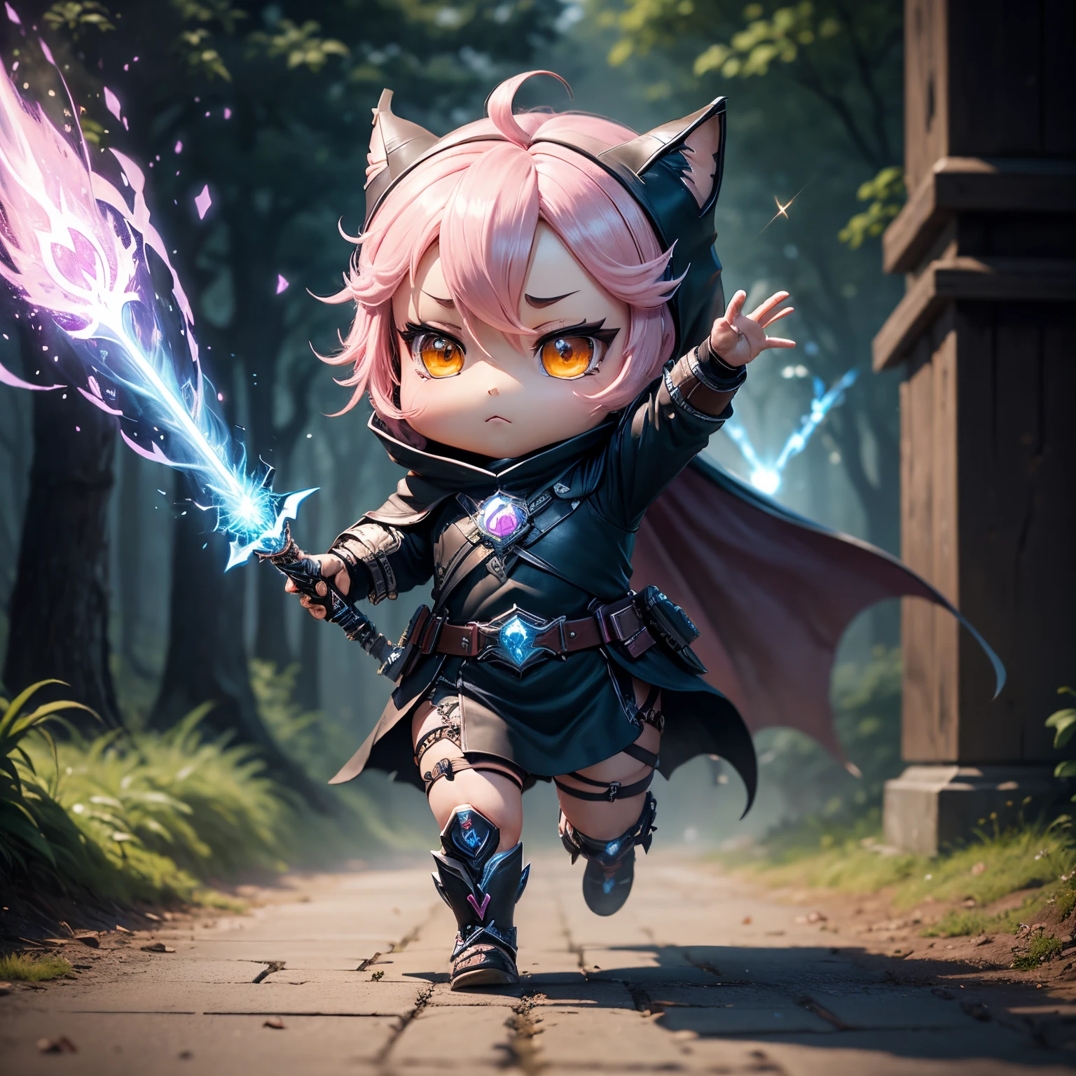 masterpiece、top-quality、ultra-detailliert、(wraith cosplay chibi character:1.2)、Long sword、(spark of light:1.2)、(Running away:1.2)、Pink Dragon