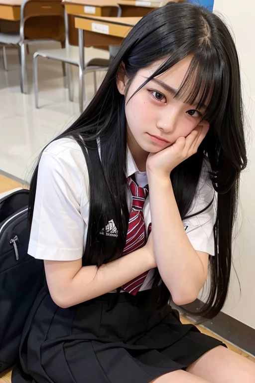 A -yeld hischool girl with long black hair and wearing a school uniform sits while crying.