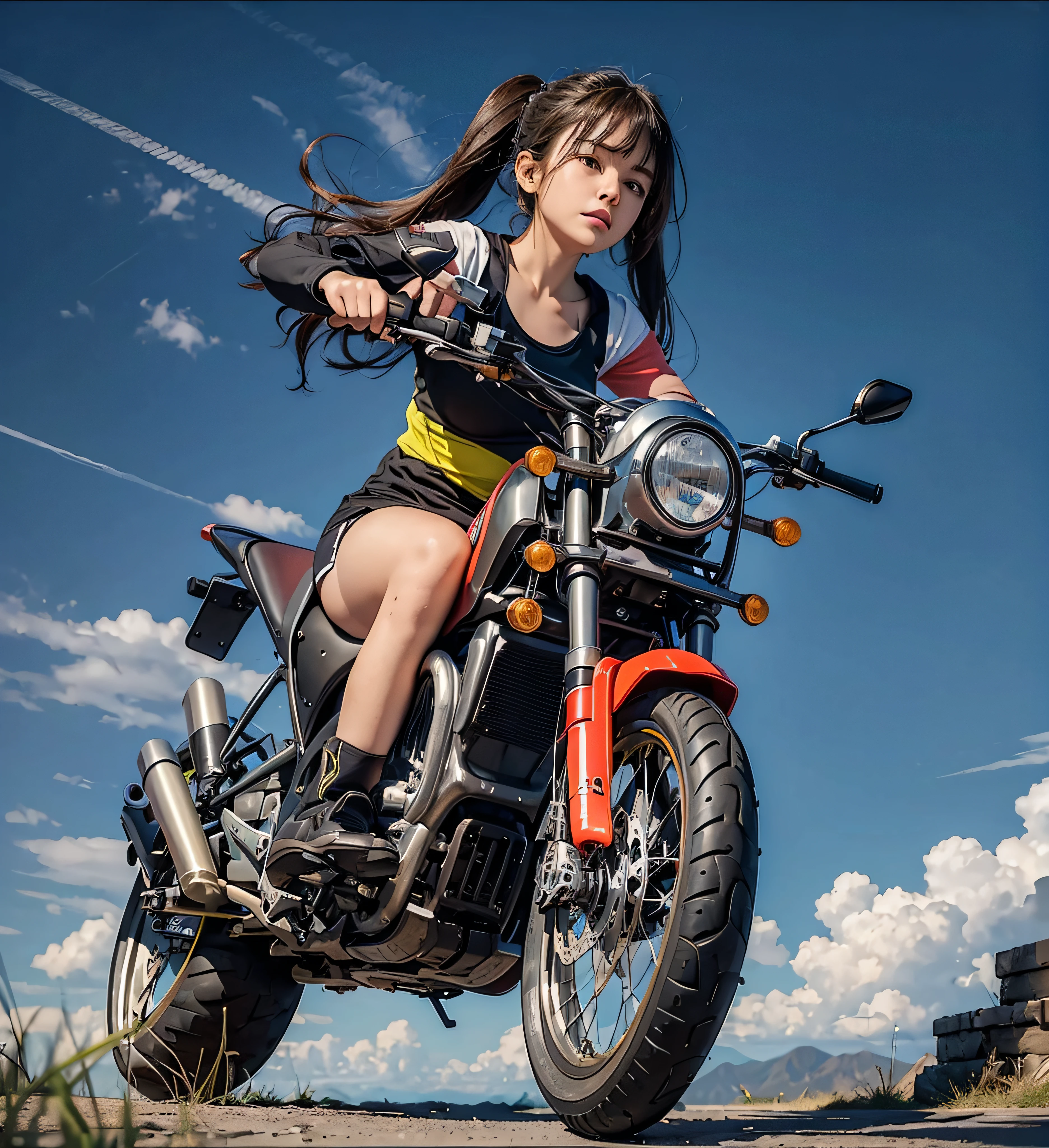 (master part, best quality:1.2), (motocicleta, pneu radial, Wheelie:1.4), menina em uma bicicleta super legal, (de baixo:1.4),
Utinoko, (baby face:1.0), peito achatado, Caudas duplas, &Tenente;Lora:Utinoko0402-000006:0.8:Queimar≫, (smug:1.1),