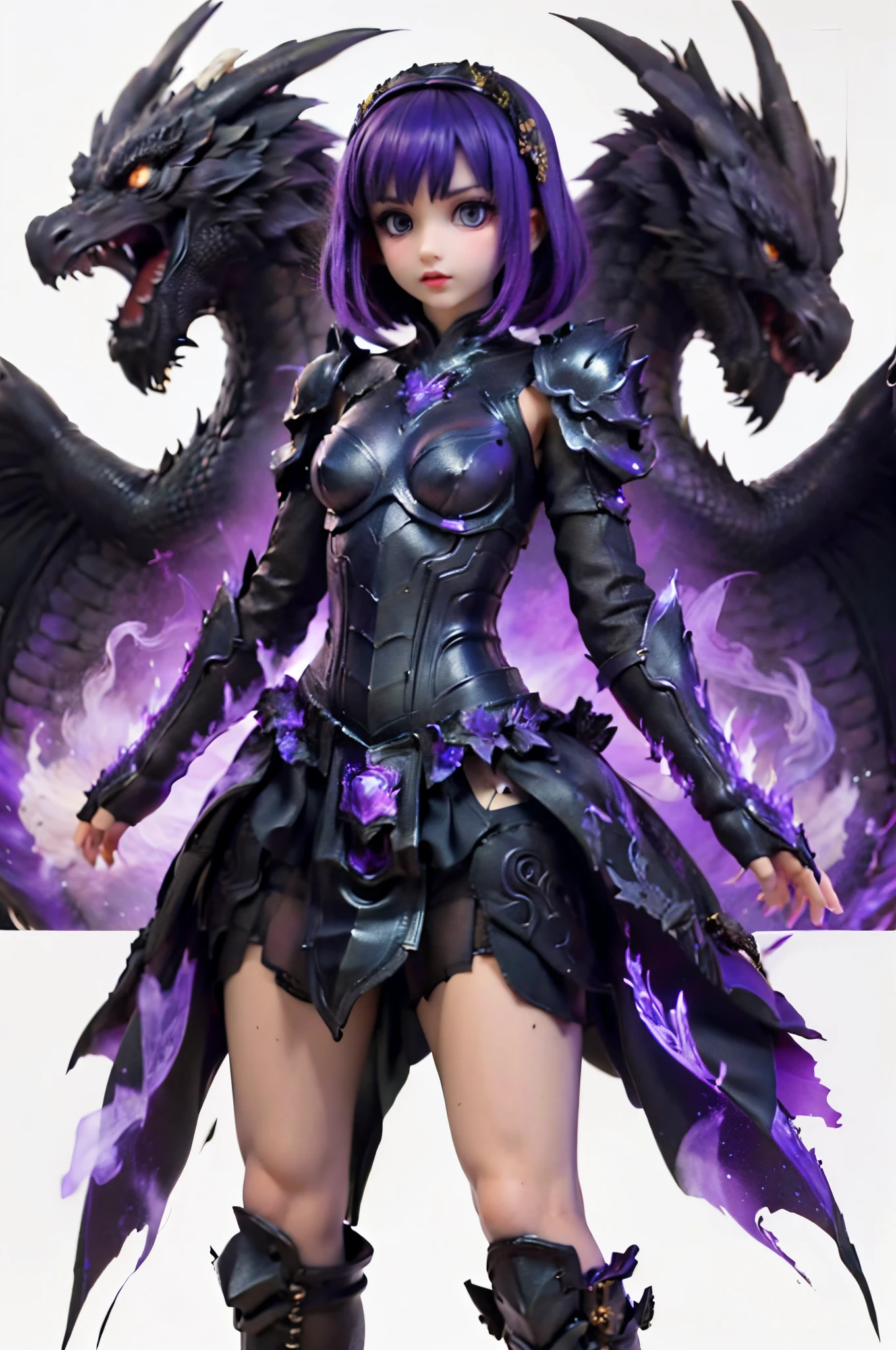 A girl who fused with a dragon. A three-headed dragon. Black dragon. black armor. purple flame.
