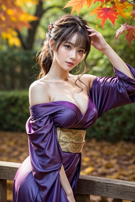 (masutepiece:1.3, Photorealsitic:1.4, 8K), top-quality, masterpiece, 超A high resolution, Professional camera work, Grow Light Effect, Realistic portrait, Cinematic Light, Highly detailed skin and facial texture:1.3, Perfect dynamic composition, The ultra-detailliert, A detailed eye, Detailed limbs, autumn night, Lit up, Autumn foliage scenery:1.2, 1girl in, Cute sexy 24 year old slim woman, Fair skin, Autumn leaves are dancing:1.2, (Enraptured look:0.9, Totally captivates you:1.0), (Purple kimono:1.35 off shoulder), (voluptuous breasts:0.9), (Facing the front, Calm pose), (Beautiful blue eyes, Eyes that feel beautiful eros:0.85), Sexy face:0.4, (A mouthfeel that feels beautiful eros:0.85), ((Too cute beauty:0.9))