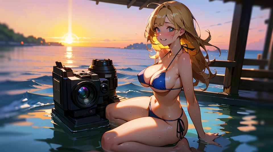 Top quality, full body details, golden ratio, (theater lighting: 0.7), masterpiece, point of view shot, beautiful smile, (sweaty blonde Japanese girl bikini), straight looks happy, sitting by the sea (wearing a transparent bikini), long straight brown messy hair, sunset, full body portrait, perfect face, amazing eyes, clear details, (highly detailed skin), accent lighting, depth of field, old camera, sober, digital grain, war photography, dog perspective angle photography , from bottom to top, big breasts, perfect virgin organs