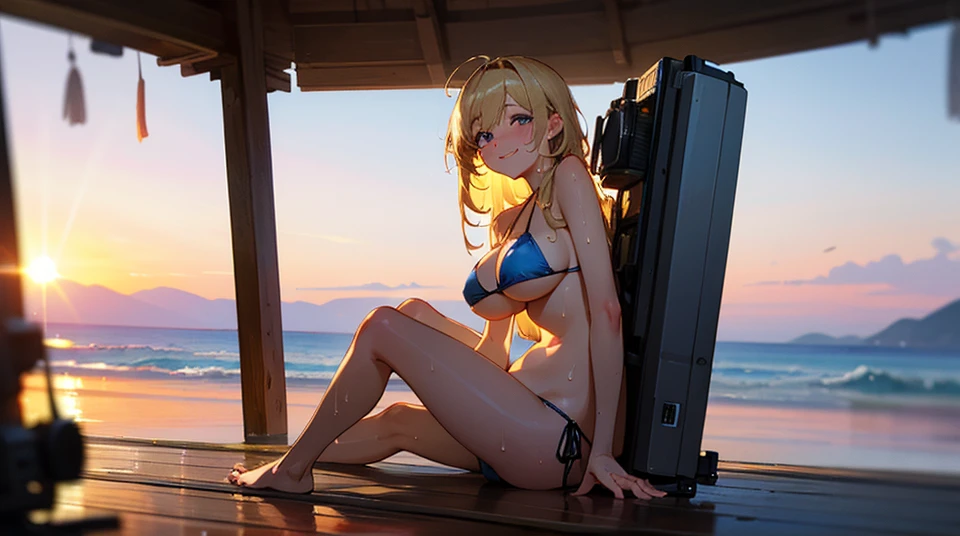 Top quality, full body details, golden ratio, (theater lighting: 0.7), masterpiece, point of view shot, beautiful smile, (sweaty blonde Japanese girl bikini), straight looks happy, sitting by the sea (wearing a transparent bikini), long straight brown messy hair, sunset, full body portrait, perfect face, amazing eyes, clear details, (highly detailed skin), accent lighting, depth of field, old camera, sober, digital grain, war photography, dog perspective angle photography , from bottom to top, big breasts, perfect virgin organs