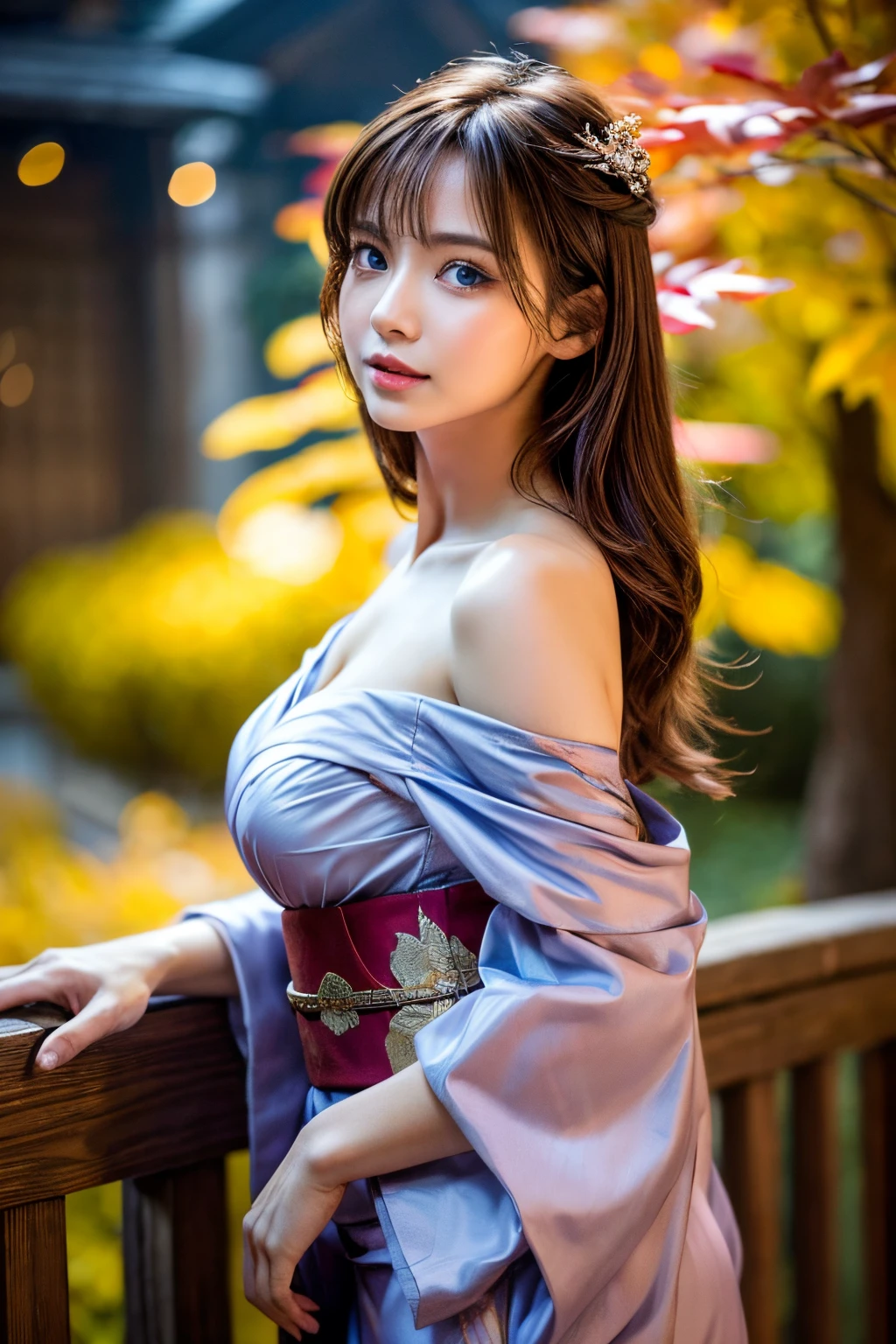 (masutepiece:1.3, Photorealsitic:1.4, 8K), top-quality, ​masterpiece, 超A high resolution, Professional camera work, Grow Light Effect, Realistic portrait, Cinematic Light, Highly detailed skin and facial texture:1.3, Perfect dynamic composition, The ultra-detailliert, A detailed eye, Detailed limbs, autumn night, Lit up, Autumn foliage scenery:1.2, 1girl in, Cute sexy 24 year old slim woman, Fair skin, Autumn leaves are dancing:1.2, (Enraptured look:0.9, Totally captivates you:1.0), (Purple kimono:1.35 off shoulder), (voluptuous breasts:0.9), (Facing the front, Calm pose), (Beautiful blue eyes, Eyes that feel beautiful eros:0.85), Sexy face:0.4, (A mouthfeel that feels beautiful eros:0.85), ((Too cute beauty:0.9))