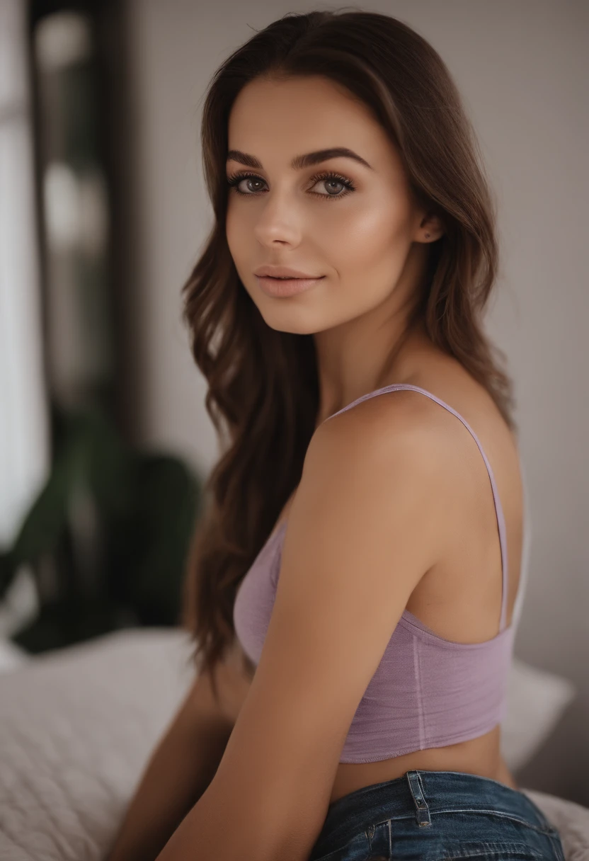 arafed woman with matching tank top and panties, sexy girl with brown eyes, portrait sophie mudd, brown hair and large eyes, selfie of a young woman, bedroom eyes, violet myers, without makeup, natural makeup, looking directly at the camera, face with artgram, subtle makeup, stunning full body shot, in bedroom, cleavage