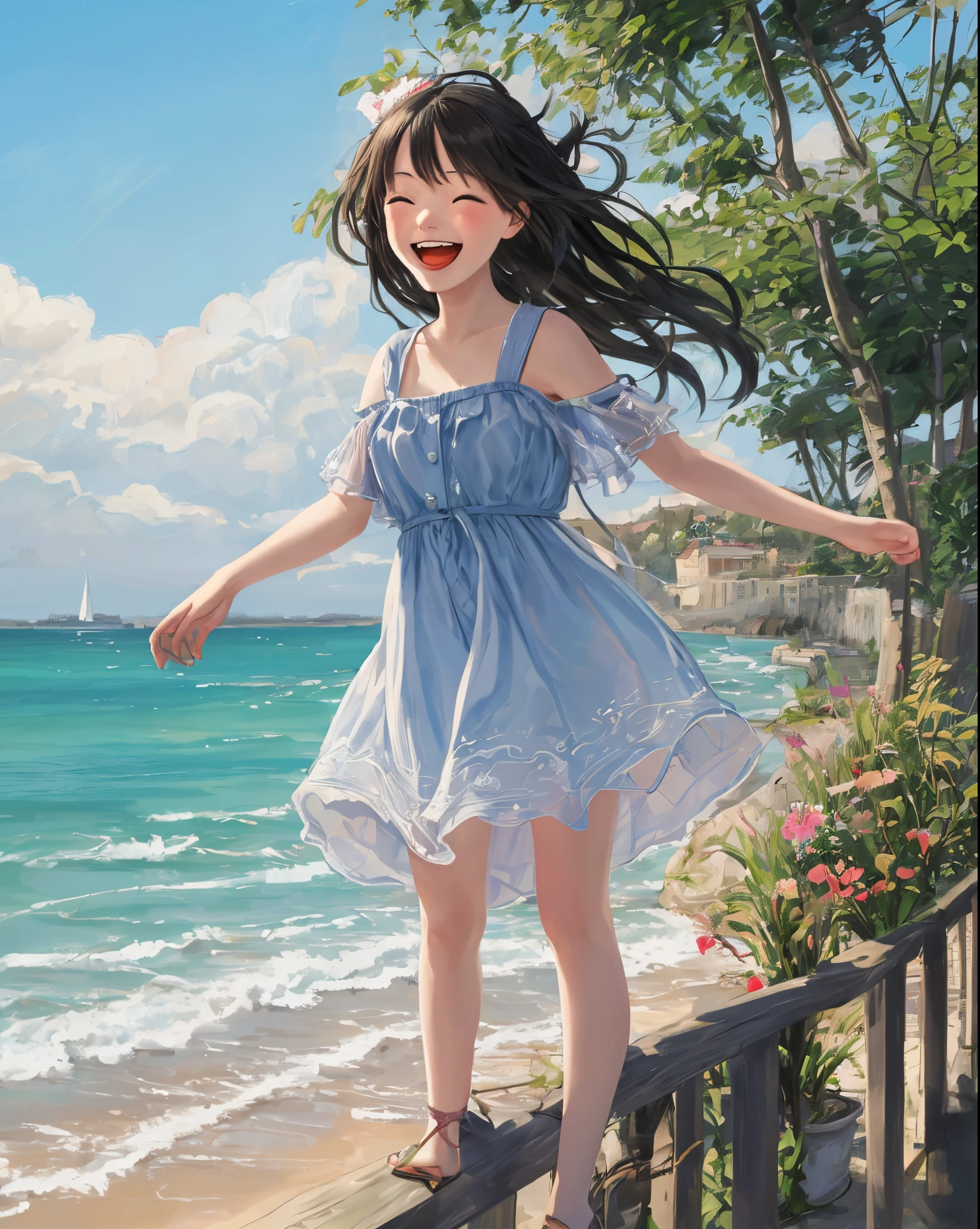 girl with、10 talents、Playing in the sea、Happy look、brown haired、short-hair、A smile、Mouth open、Do not draw the tongue、masterpiece、top-quality、beautiful countenance、detail portrayal、fullllbody, long focal、Composition with depth、