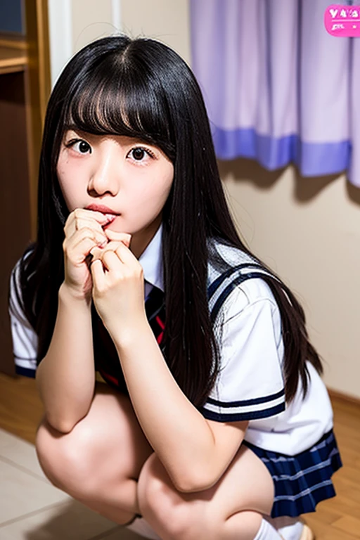 A -yeld hischool girl with long black hair and wearing a school uniform is squatting down with tears streaming down her face.