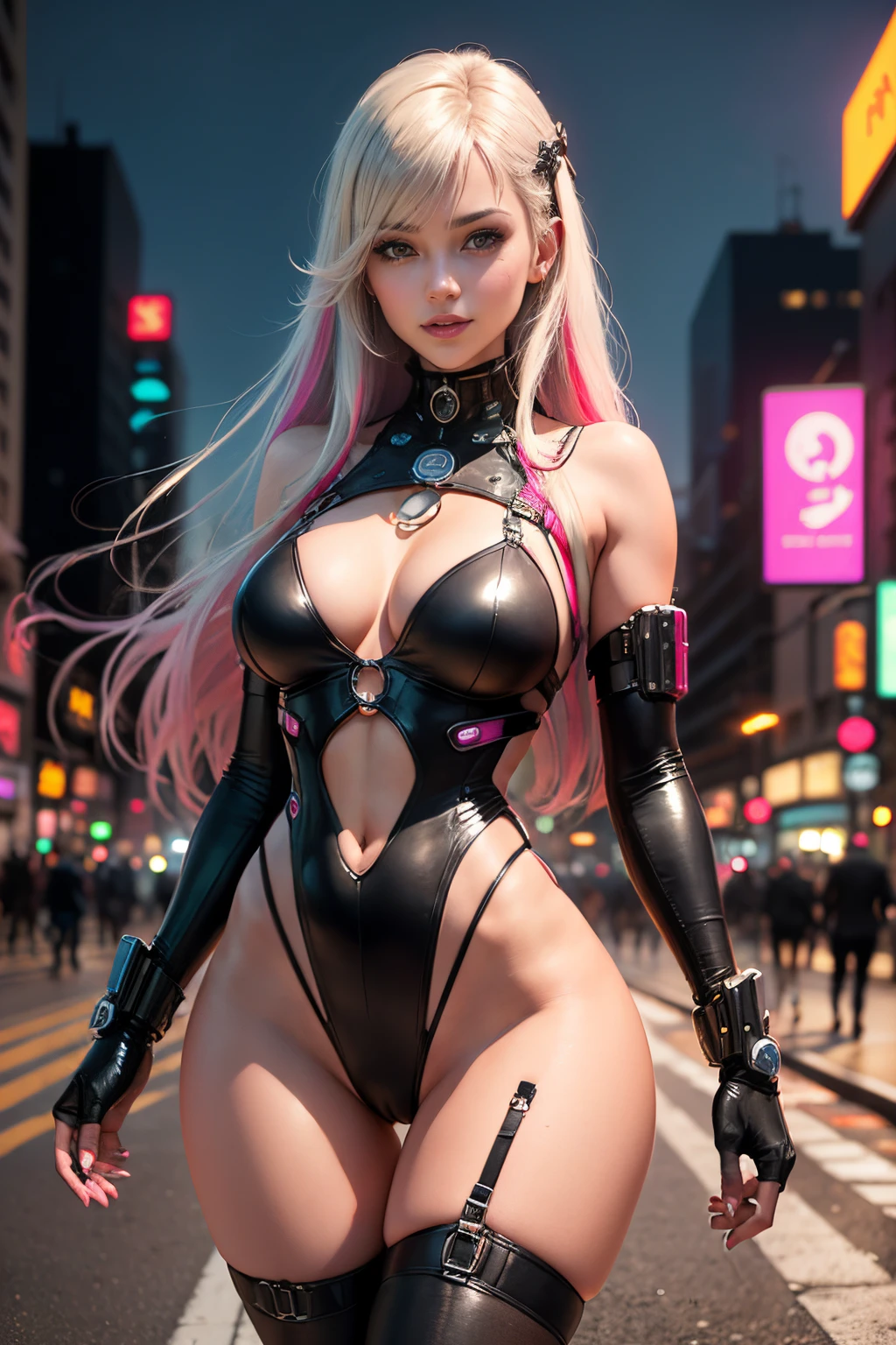 (Photo RAW, Best Quality, Master Parts:1.2), (Realistic, Photorealsitic:1.4),(Master Parts:1.4),(Best Quality:1.4), (cute and sexy cyberpunk)), ((Slim body)), large full breasts, :D, (fringe), red blush, ((Colorful Body Harness)), ((Dynamic Pose)), Cowboy Shot, (((cyberpunk city street background))), Hair intake, ((long, shapeless hair)), More on bright neon, look at viewr, side locks, smil, (((Thigh Gaps))), thighs thighs thighs thighs, double tails, Very long hair, O cabelo multicolorido, Alice \(nikke\),(shinny skin),Realistic.