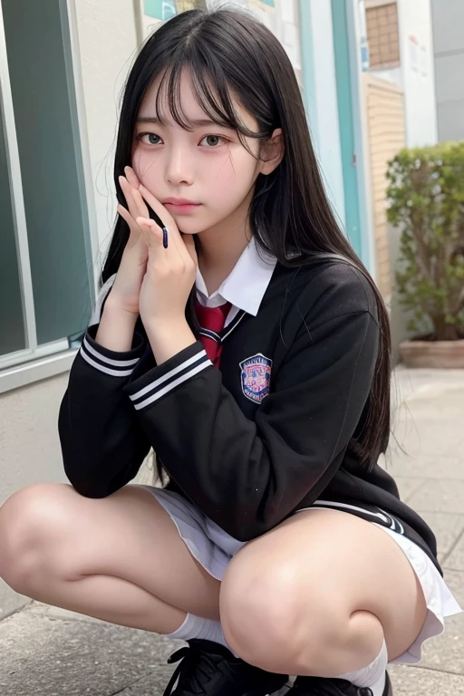 A -yeld hischool girl with long black hair and wearing a school uniform is squatting down with tears streaming down her face.