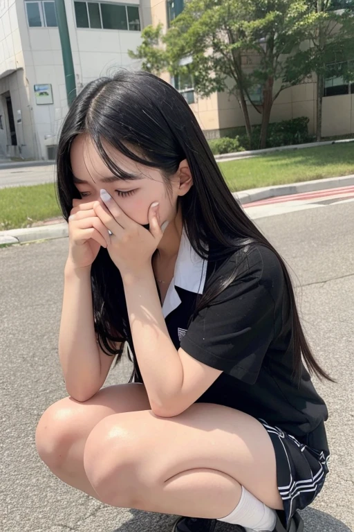 A 16-year-old high school girl with long black hair and wearing a school uniform is squatting down with tears streaming down her face.