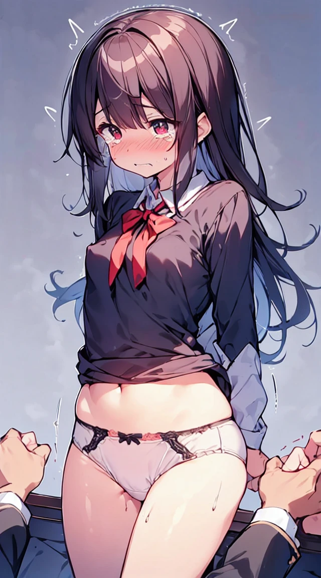 masutepiece, Best Quality,Illustration, Wallpaper, Ultra Detail, Lori、(((molesting)))、((fear:1.3))、(Teary-eyed:1.5)、(((Cute underwear)))、ample breasts、Cherry-colored nipples、medium-Long hair