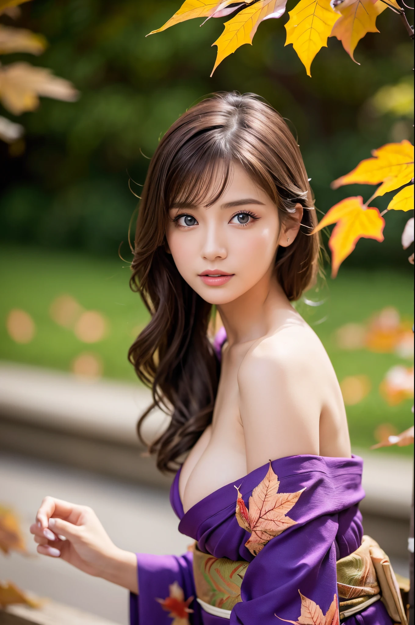 (masutepiece:1.3, Photorealsitic:1.4, 8K), top-quality, masterpiece, 超A high resolution, Professional camera work, Grow Light Effect, Realistic portrait, Cinematic Light, Highly detailed skin and facial texture:1.3, Perfect dynamic composition, The ultra-detailliert, A detailed eye, Detailed limbs, autumnal, Autumn leaves landscape in the evening:1.25, 1girl in, Cute sexy 23 year old slim woman, Fair skin, Autumn leaves are dancing:1.25, (Enraptured look:0.9, Totally captivates you:1.0), (Purple kimono:1.31 off shoulder), (Backshots, Calm pose), (voluptuous breasts:0.9), (Beautiful blue eyes, Eyes that feel beautiful eros:0.85), Sexy face:0.4, (A mouthfeel that feels beautiful eros:0.85), ((Too cute beauty:0.9))